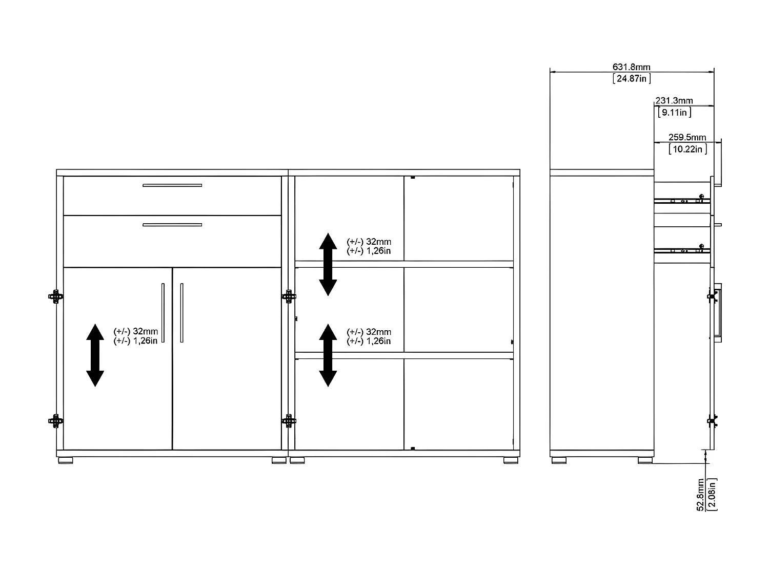 Prisme Étagère de bureau 2 tiroirs, 2 portes et 2 tablettes de rangement, blanc
