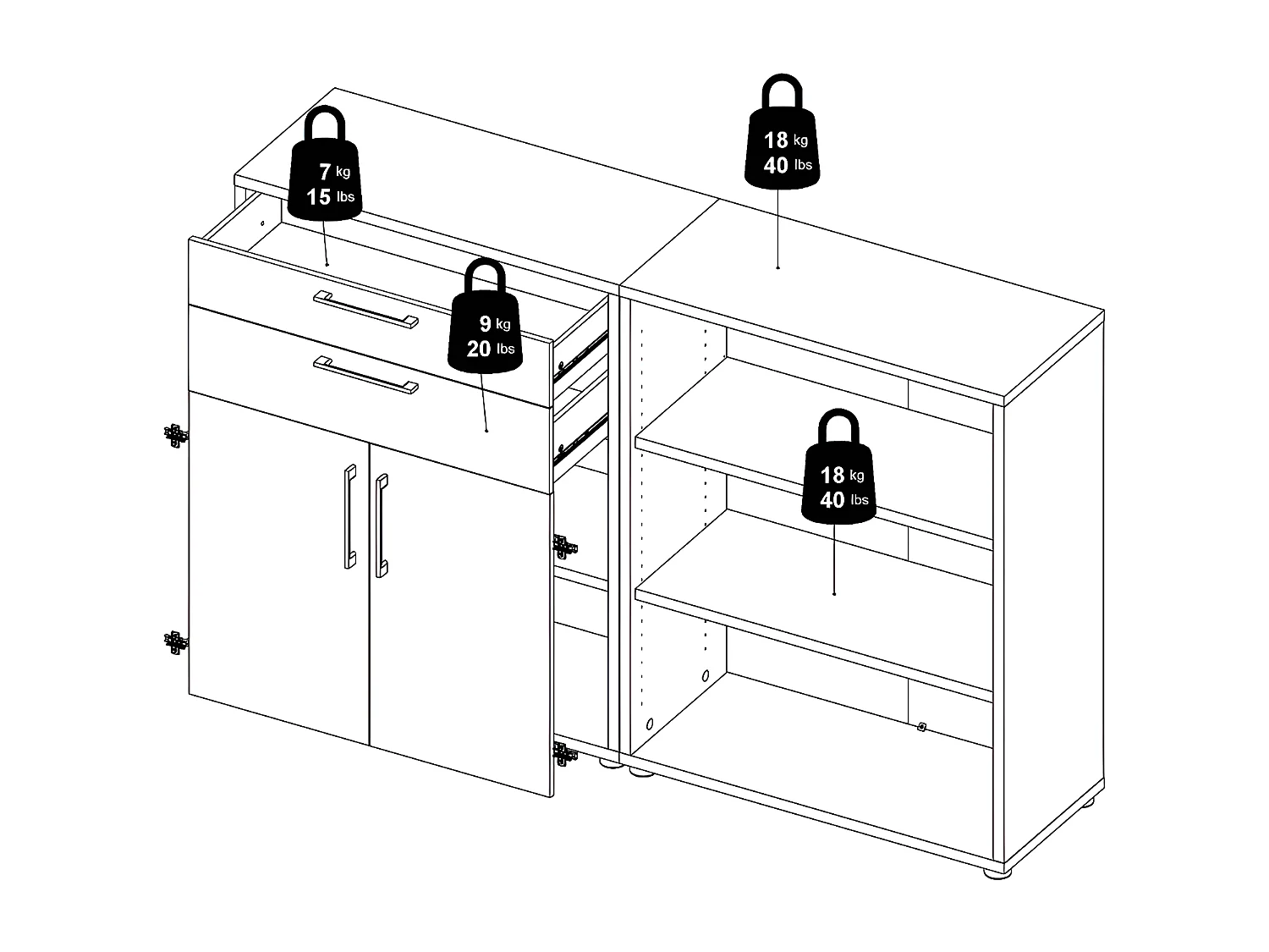 Prisme Étagère de bureau 2 tiroirs, 2 portes et 2 tablettes de rangement, blanc
