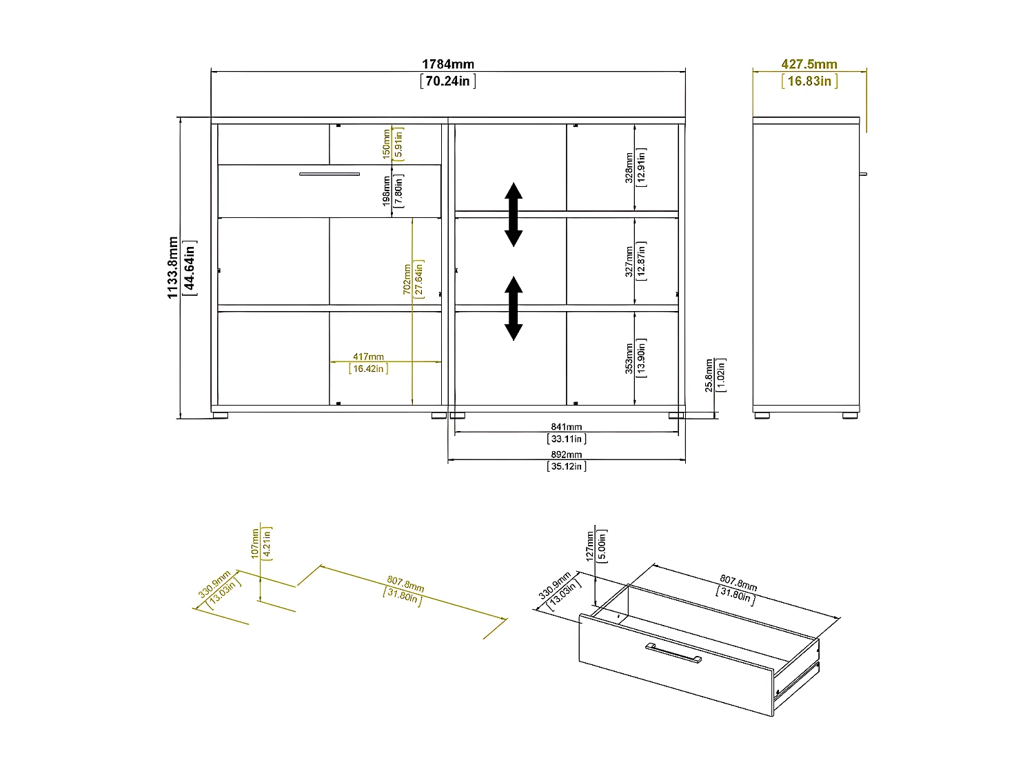 Prisme Étagère de bureau 2 tiroirs, 2 portes et 2 tablettes de rangement, blanc