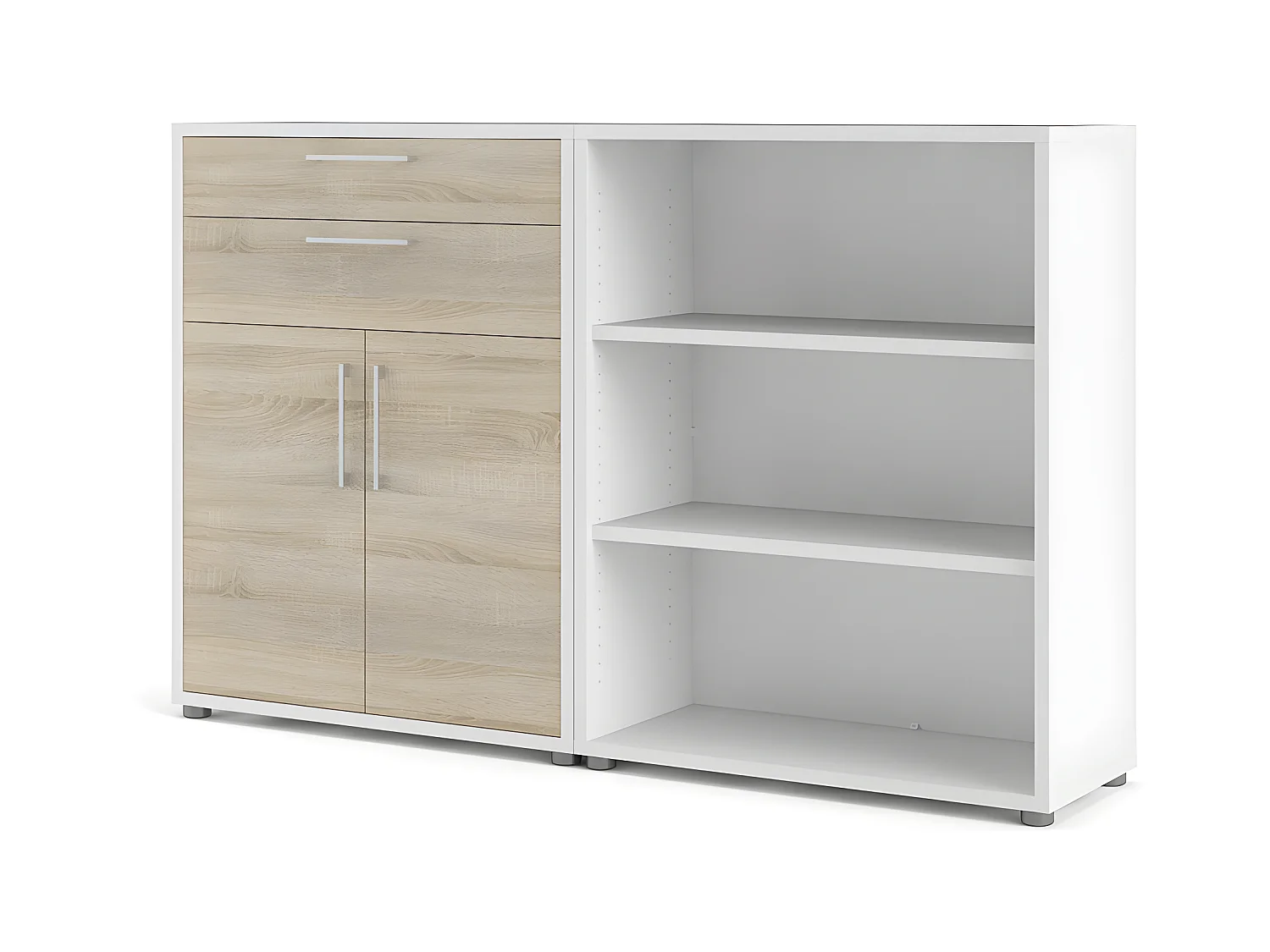 Prisme Étagère de bureau 2 tiroirs, 2 portes et 3 tablettes de rangement, blanc, finition chêne.
