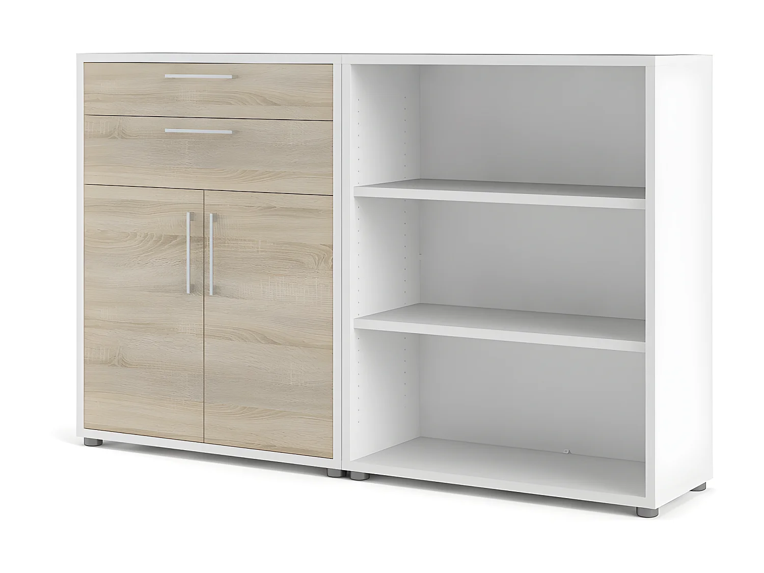 Prisme Étagère de bureau 2 tiroirs, 2 portes et 3 tablettes de rangement, blanc, finition chêne.