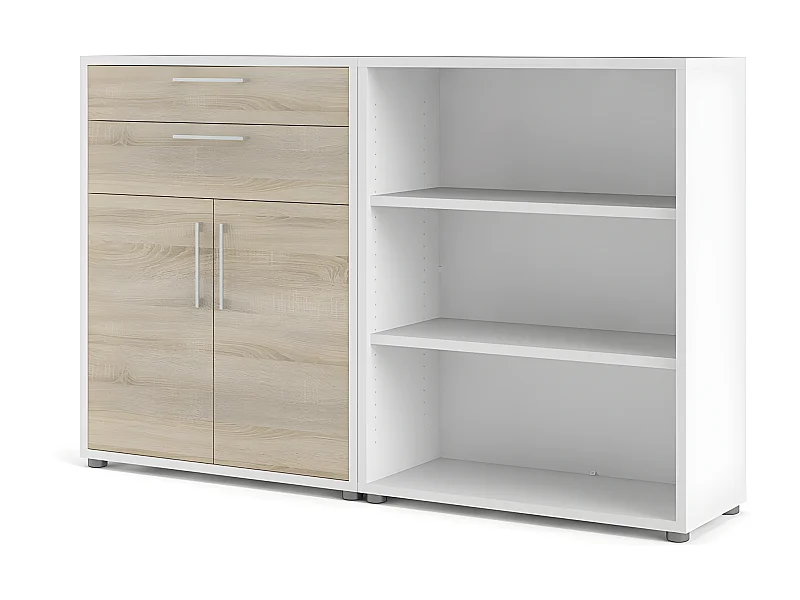 Prisme Kantoorplank 2 laden, 2 deuren en 3 planken, wit, eiken decor