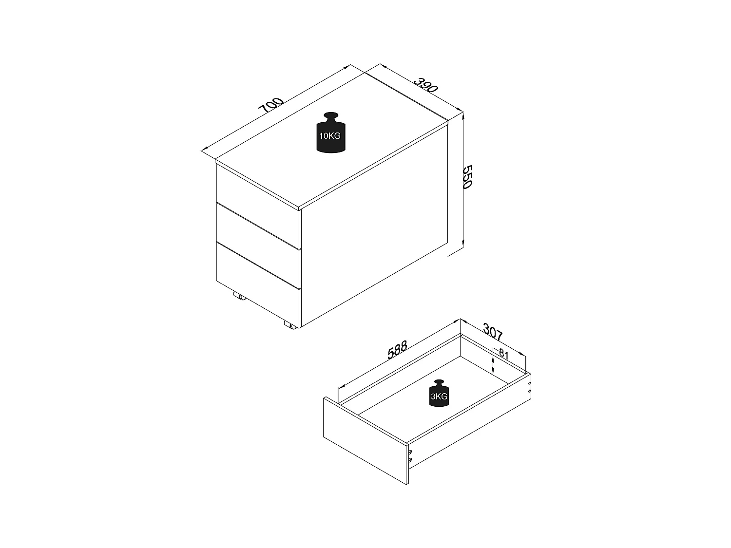 VCM Roll Container | Container lateral com gavetas |Dimensões aprox. A. 55 x L. 39 x P. 70 cm | Recipiente de escritório - Dalosa 3 gavetas (antracite)