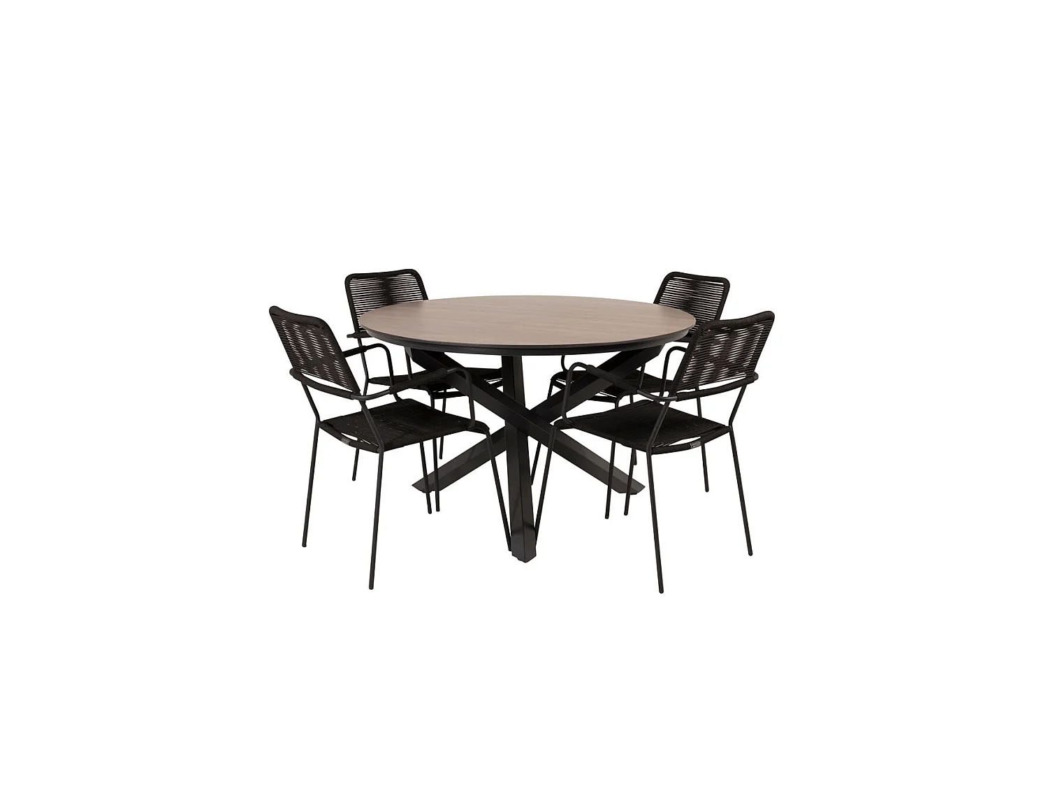 Llama Ensemble table et chaises de jardin, table Ø120cm et 4 chaises avec accoudoirs S Lindos, noir, marron.