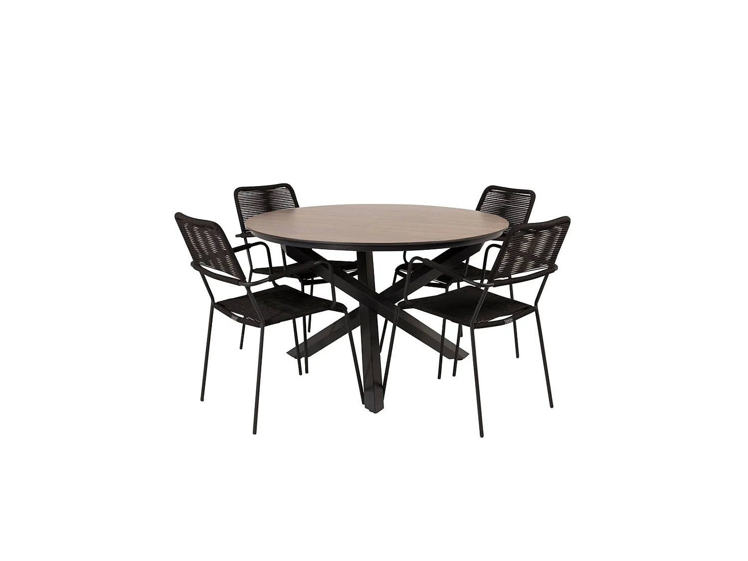 Llama Ensemble table et chaises de jardin, table Ø120cm et 4 chaises avec accoudoirs S Lindos, noir, marron.