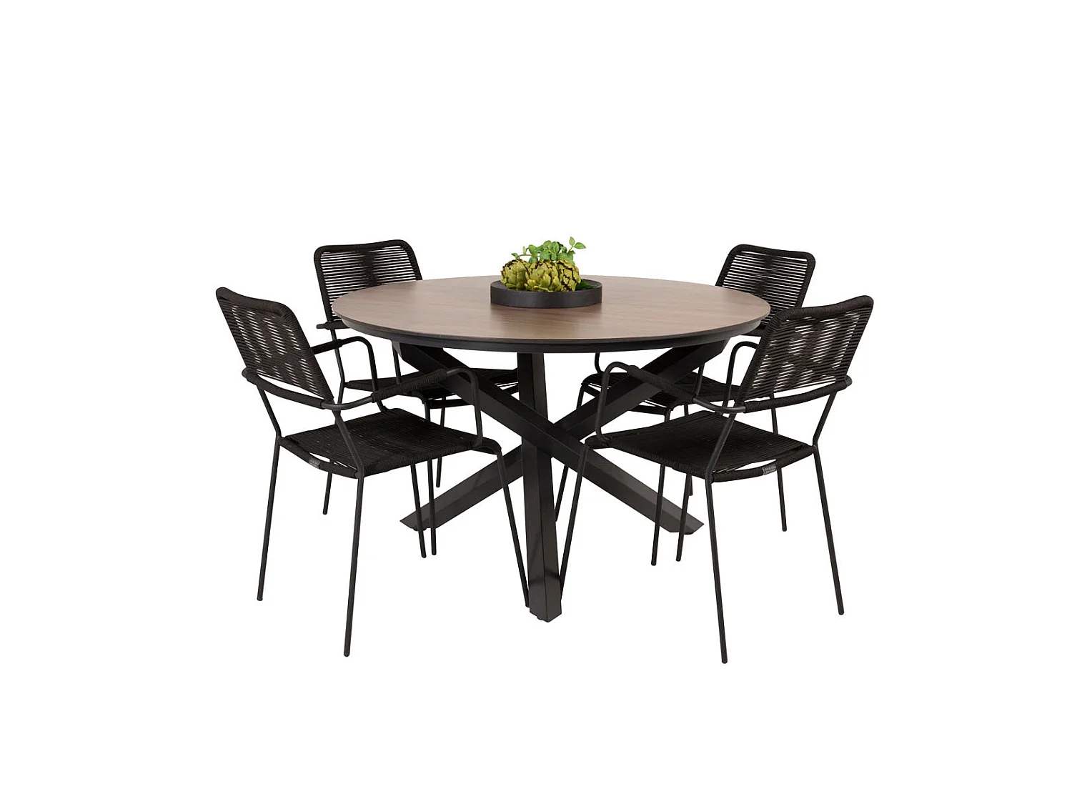 Llama Ensemble table et chaises de jardin, table Ø120cm et 4 chaises avec accoudoirs S Lindos, noir, marron.