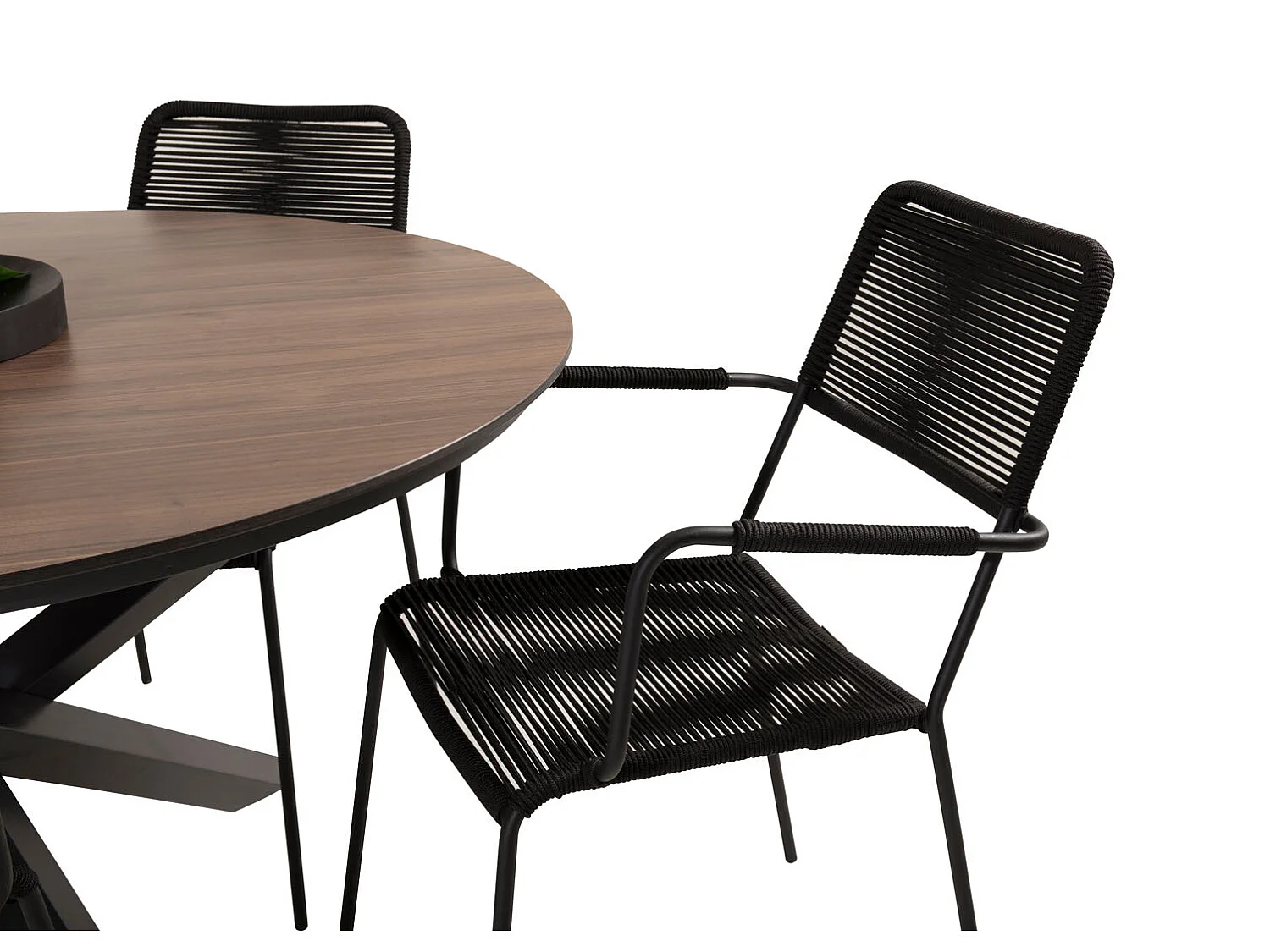 Llama Ensemble table et chaises de jardin, table Ø120cm et 4 chaises avec accoudoirs S Lindos, noir, marron.