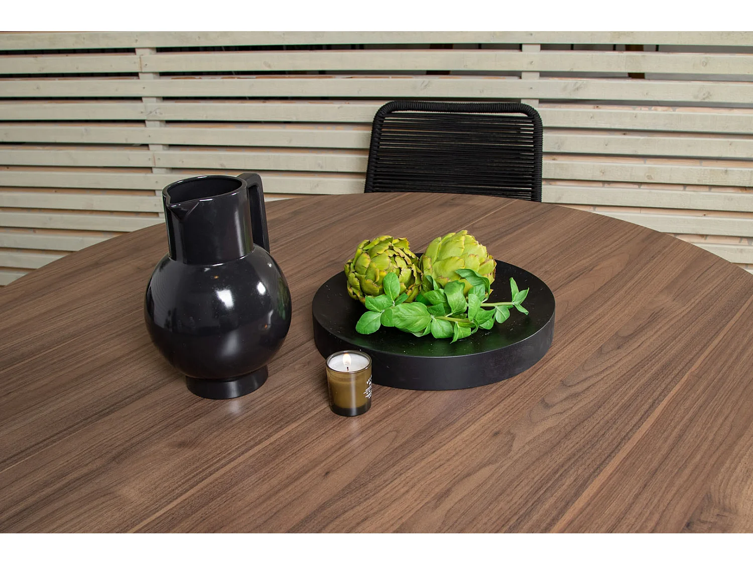 Llama Ensemble table et chaises de jardin, table Ø120cm et 4 chaises avec accoudoirs S Lindos, noir, marron.