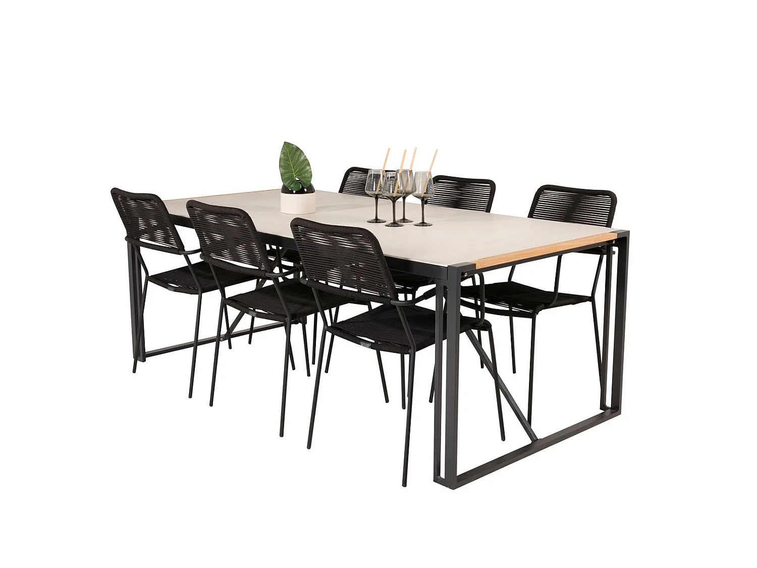 Texas Ensemble table et chaises de jardin, table 100x200cm et 6 chaises avec accoudoirs S Lindos, noir, naturel, gris.