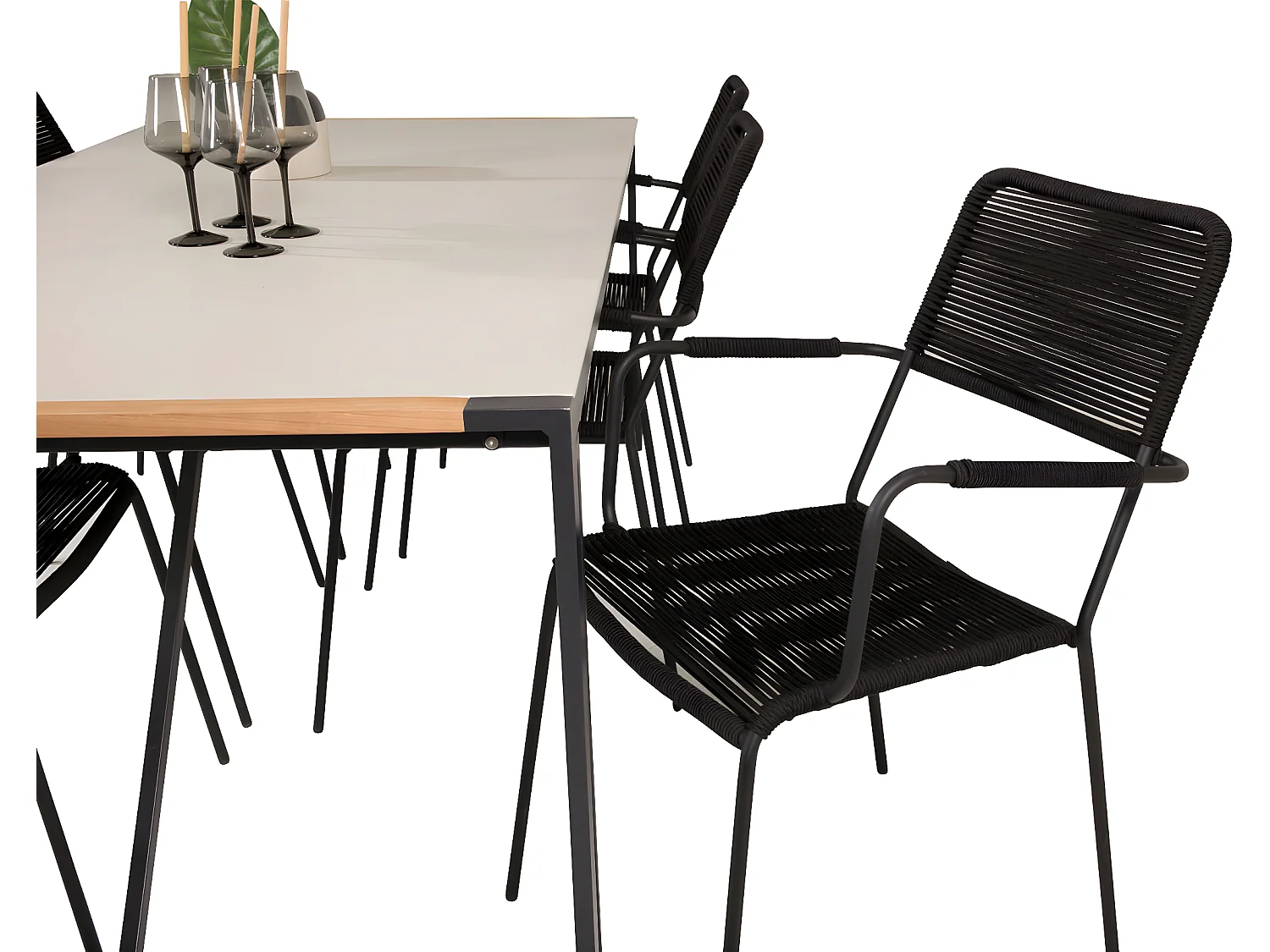 Texas Ensemble table et chaises de jardin, table 100x200cm et 6 chaises avec accoudoirs S Lindos, noir, naturel, gris.