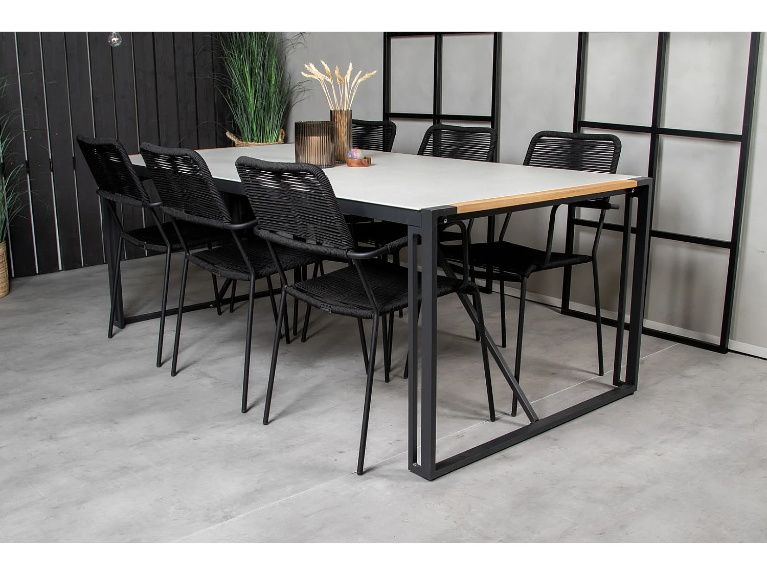 Texas Ensemble table et chaises de jardin, table 100x200cm et 6 chaises avec accoudoirs S Lindos, noir, naturel, gris.