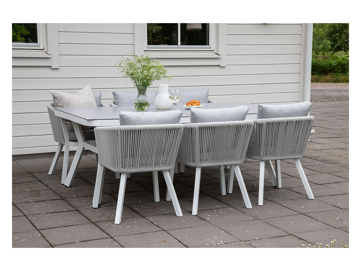 Virya Ensemble table et chaises de jardin, table 100x200cm et 6 chaises Virya, blanc, gris.