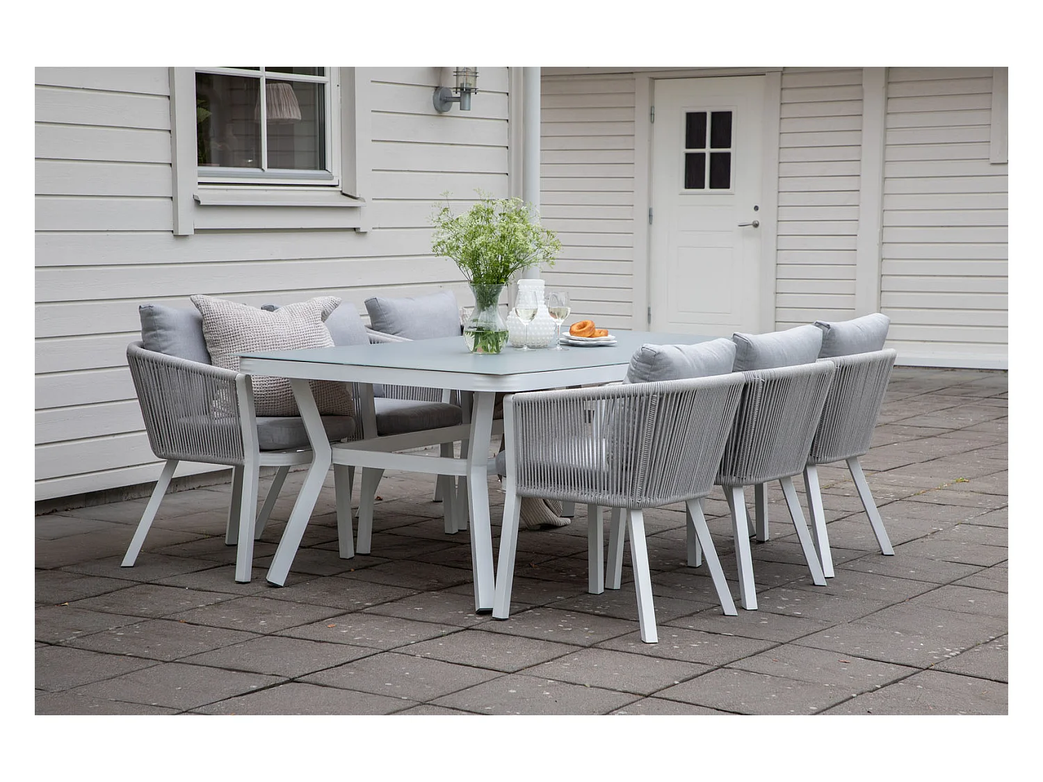 Virya Ensemble table et chaises de jardin, table 100x200cm et 6 chaises Virya, blanc, gris.