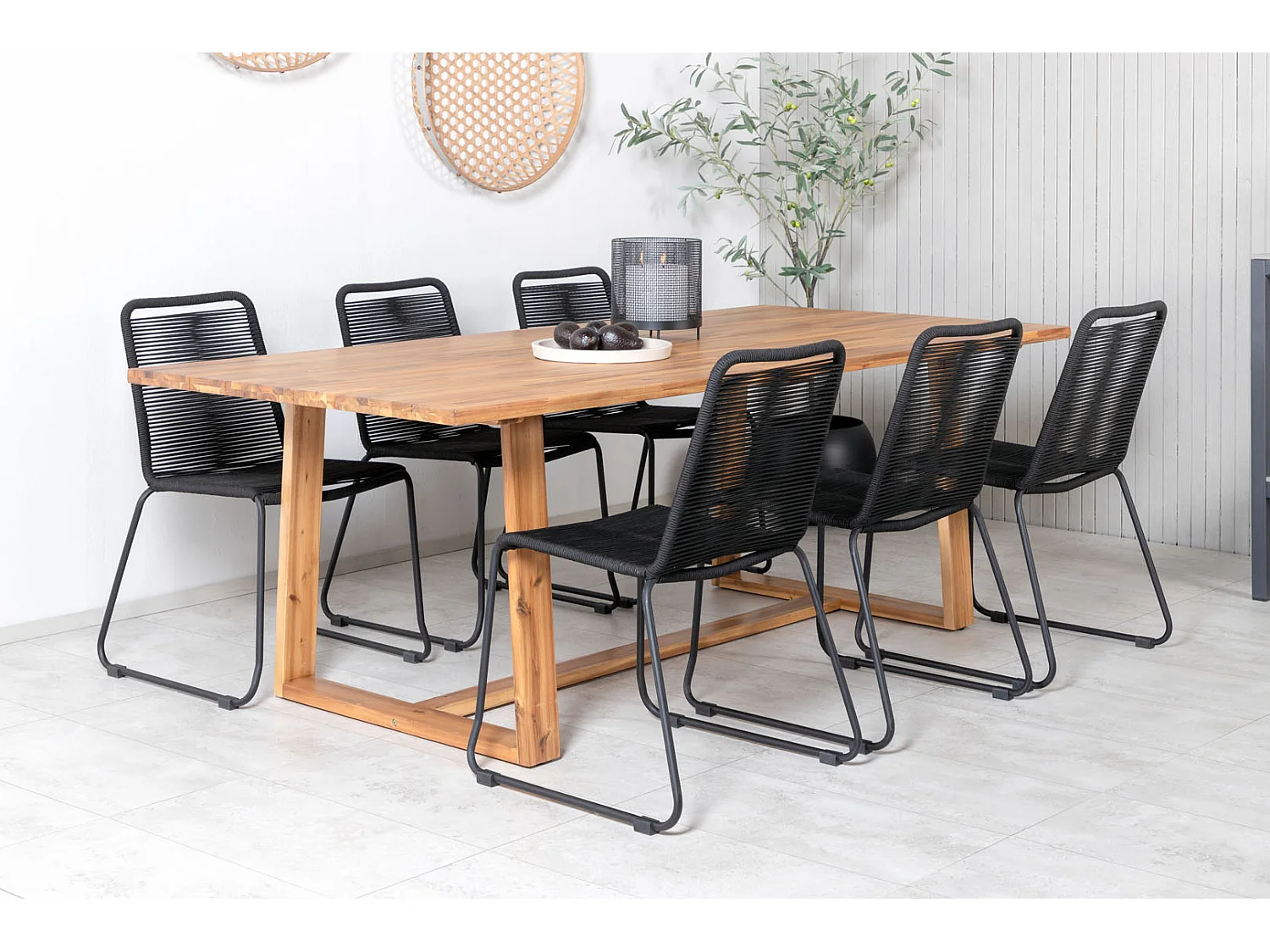 Plankton Gartenset Tisch 100x220cm und 6 Stühle stabelS Lindos schwarz, natur.