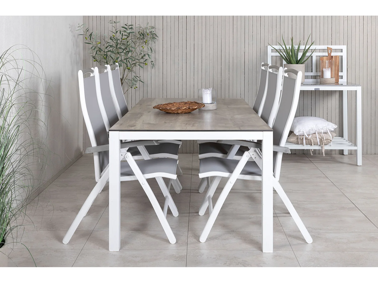 Llama Ensemble table et chaises de jardin, table 100x205cm et 6 chaises 5pos Albany, blanc, gris, crème.
