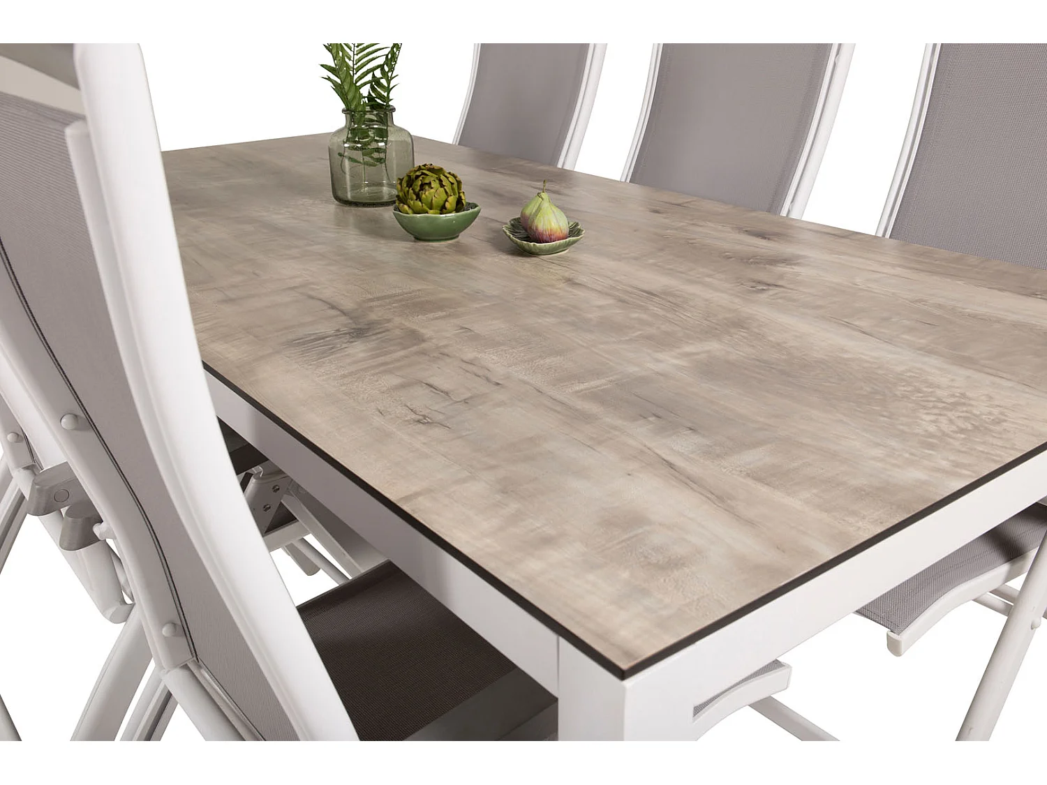 Llama tuinmeubelset tafel 100x205cm en 6 stoel 5pos Albany wit, grijs, crèmekleur.