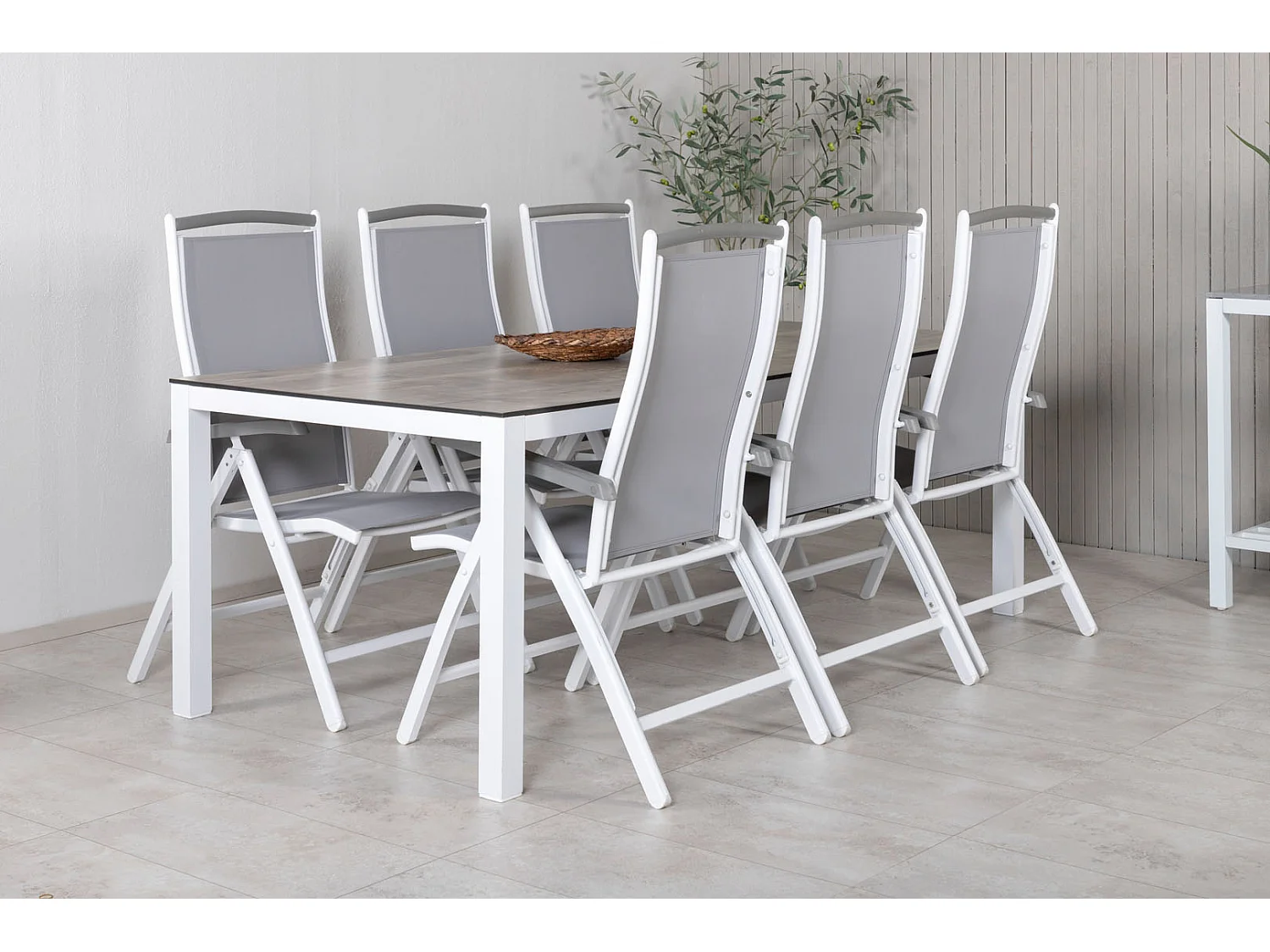 Llama tuinmeubelset tafel 100x205cm en 6 stoel 5pos Albany wit, grijs, crèmekleur.