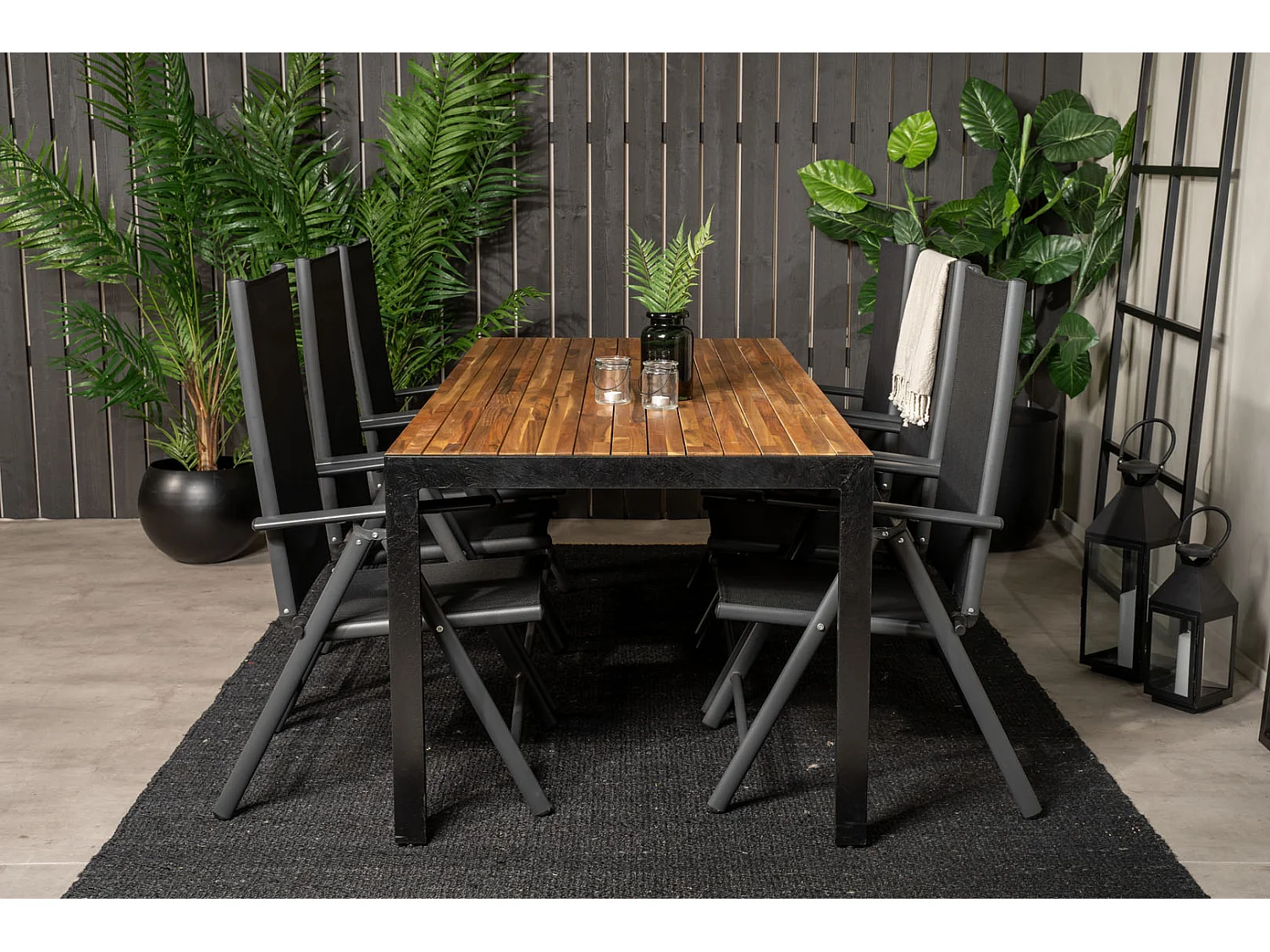 Bois Ensemble table et chaises de jardin, table 90x205cm et 6 chaises Break, noir, naturel.