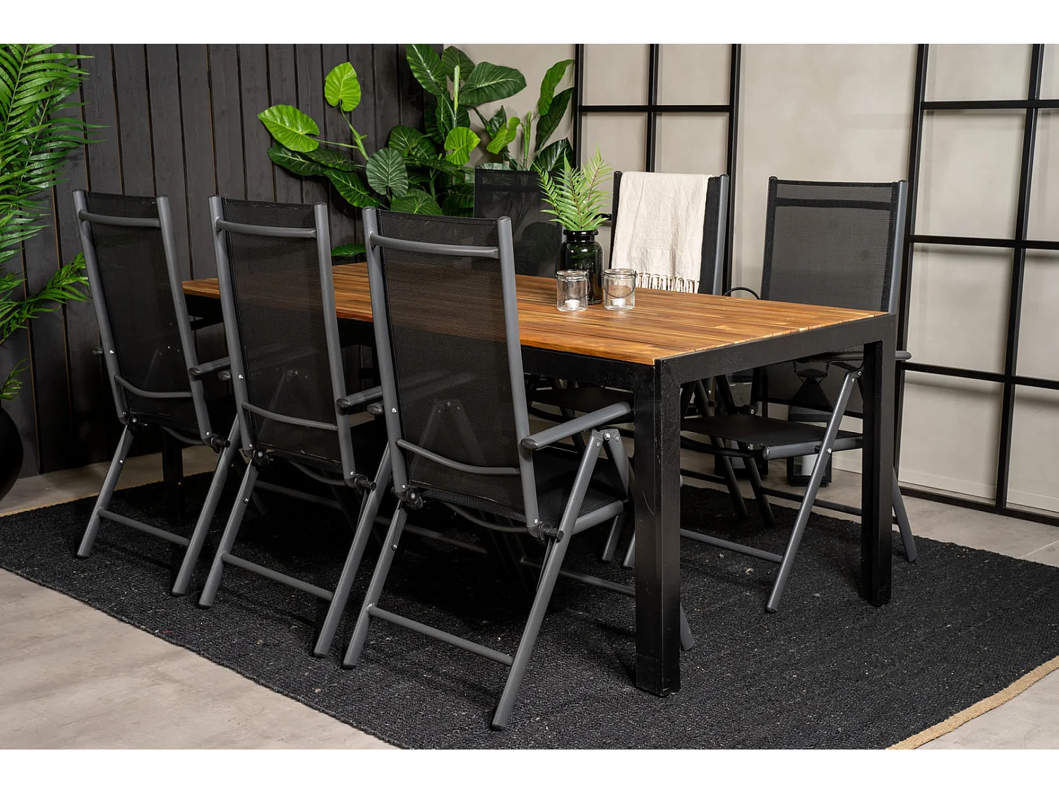 Bois Ensemble table et chaises de jardin, table 90x205cm et 6 chaises Break, noir, naturel.