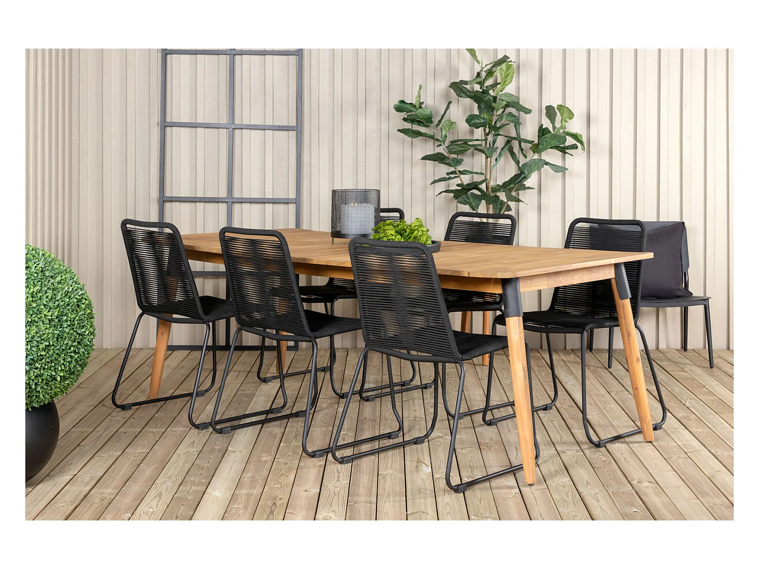 Julian Ensemble table et chaises de jardin, table 100x210cm et 6 chaises stabelS Lindos, noir, naturel.