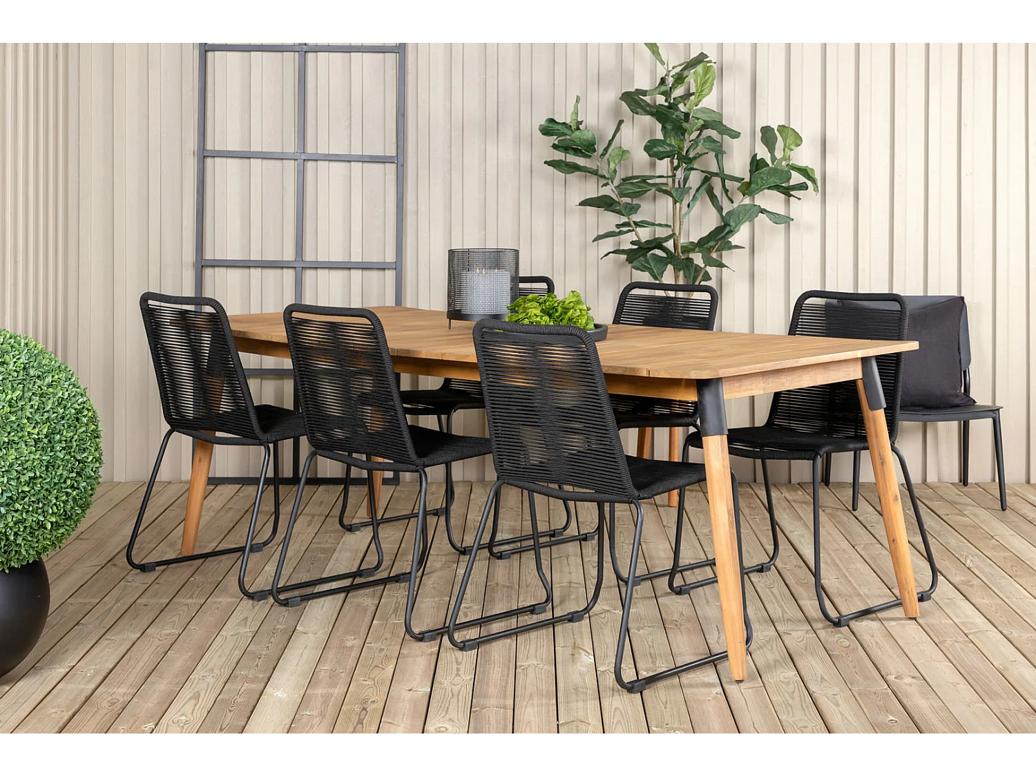 Julian Ensemble table et chaises de jardin, table 100x210cm et 6 chaises stabelS Lindos, noir, naturel.