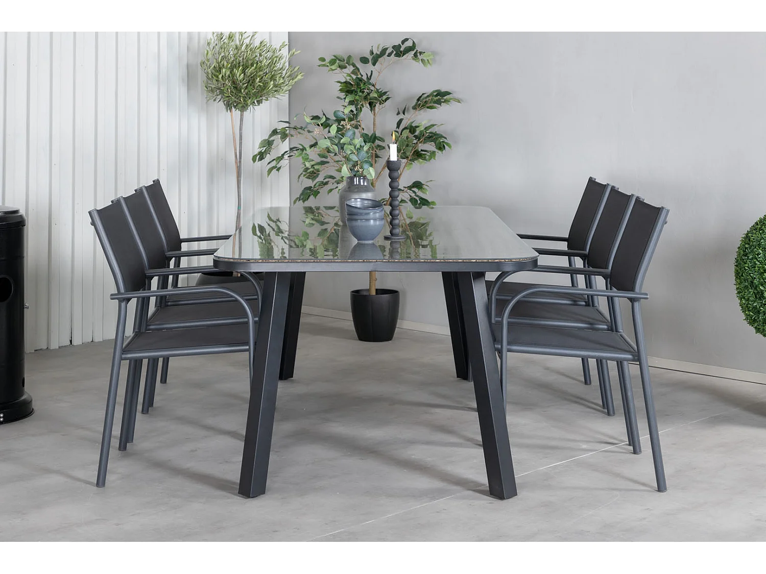 Paola Ensemble table et chaises de jardin, table 100x200cm et 6 chaises Santorini, noir, naturel.
