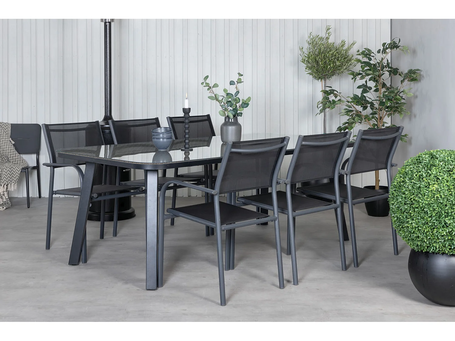 Paola Ensemble table et chaises de jardin, table 100x200cm et 6 chaises Santorini, noir, naturel.