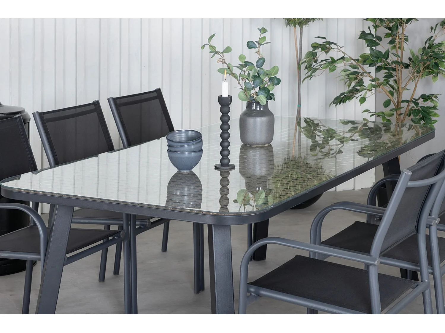 Paola Ensemble table et chaises de jardin, table 100x200cm et 6 chaises Santorini, noir, naturel.