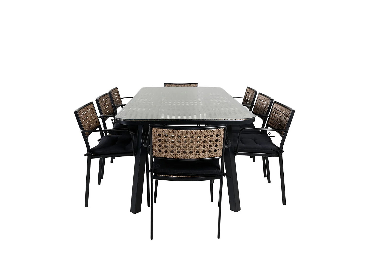 Paola Ensemble table et chaises de jardin, table 100x200cm et 8 chaises Paola, noir, naturel.