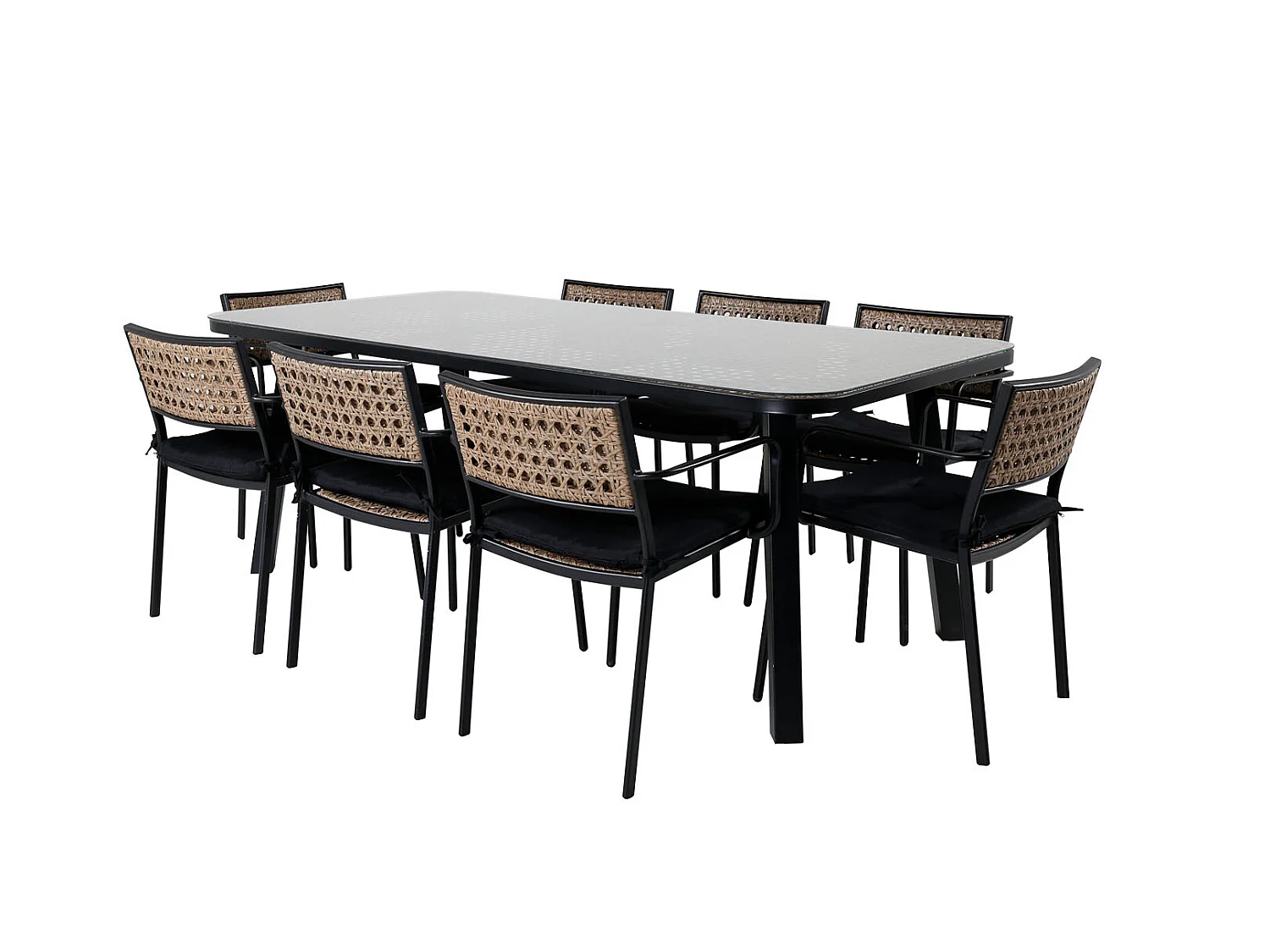 Paola Ensemble table et chaises de jardin, table 100x200cm et 8 chaises Paola, noir, naturel.