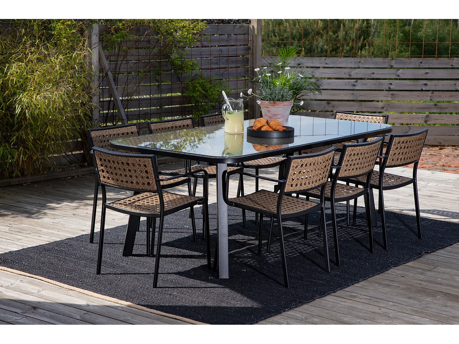 Paola Ensemble table et chaises de jardin, table 100x200cm et 8 chaises Paola, noir, naturel.
