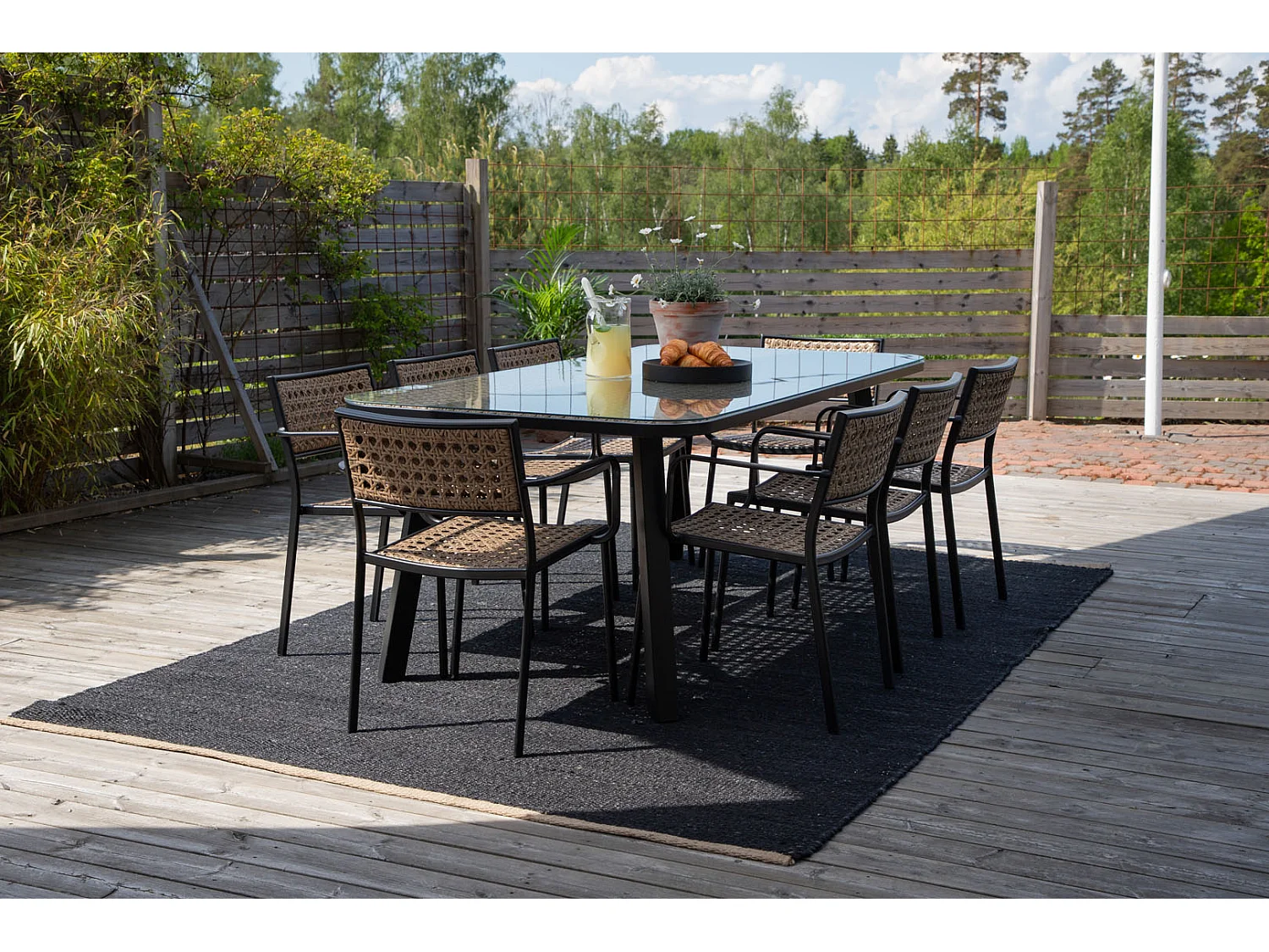 Paola Ensemble table et chaises de jardin, table 100x200cm et 8 chaises Paola, noir, naturel.