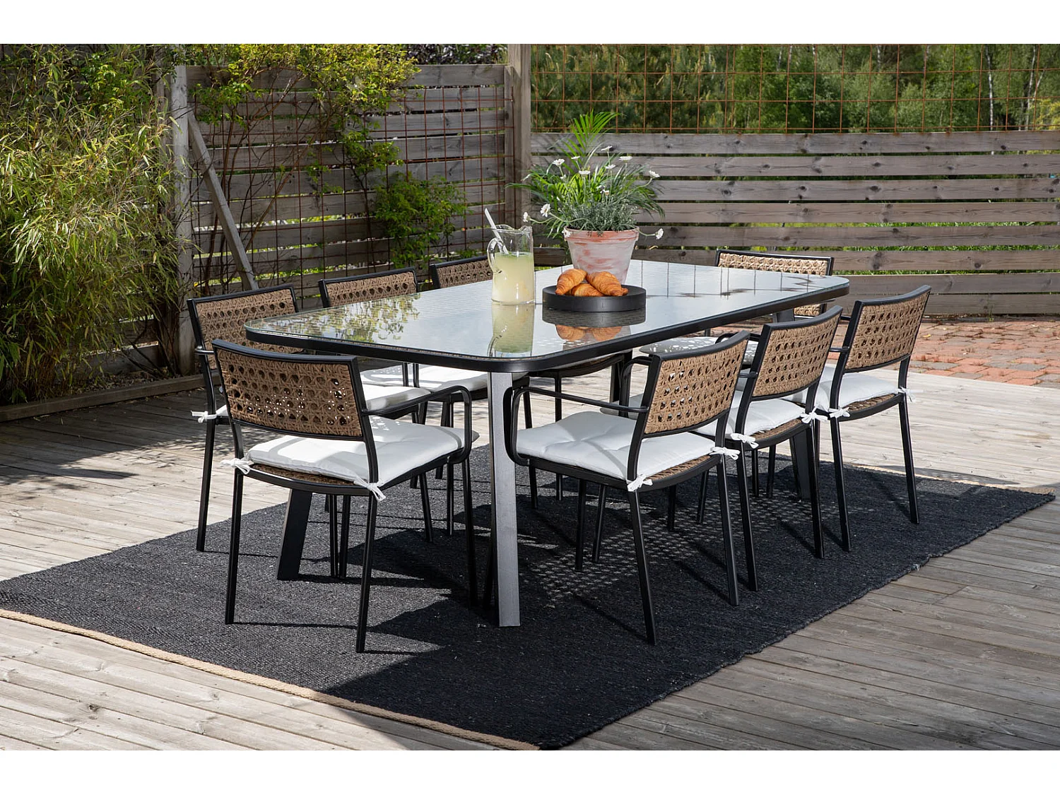 Paola Ensemble table et chaises de jardin, table 100x200cm et 8 chaises Paola, noir, naturel.