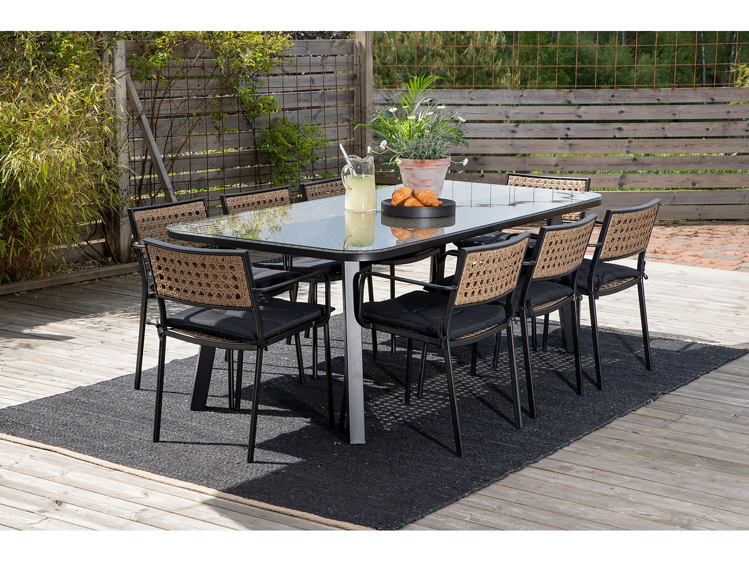 Paola Ensemble table et chaises de jardin, table 100x200cm et 8 chaises Paola, noir, naturel.
