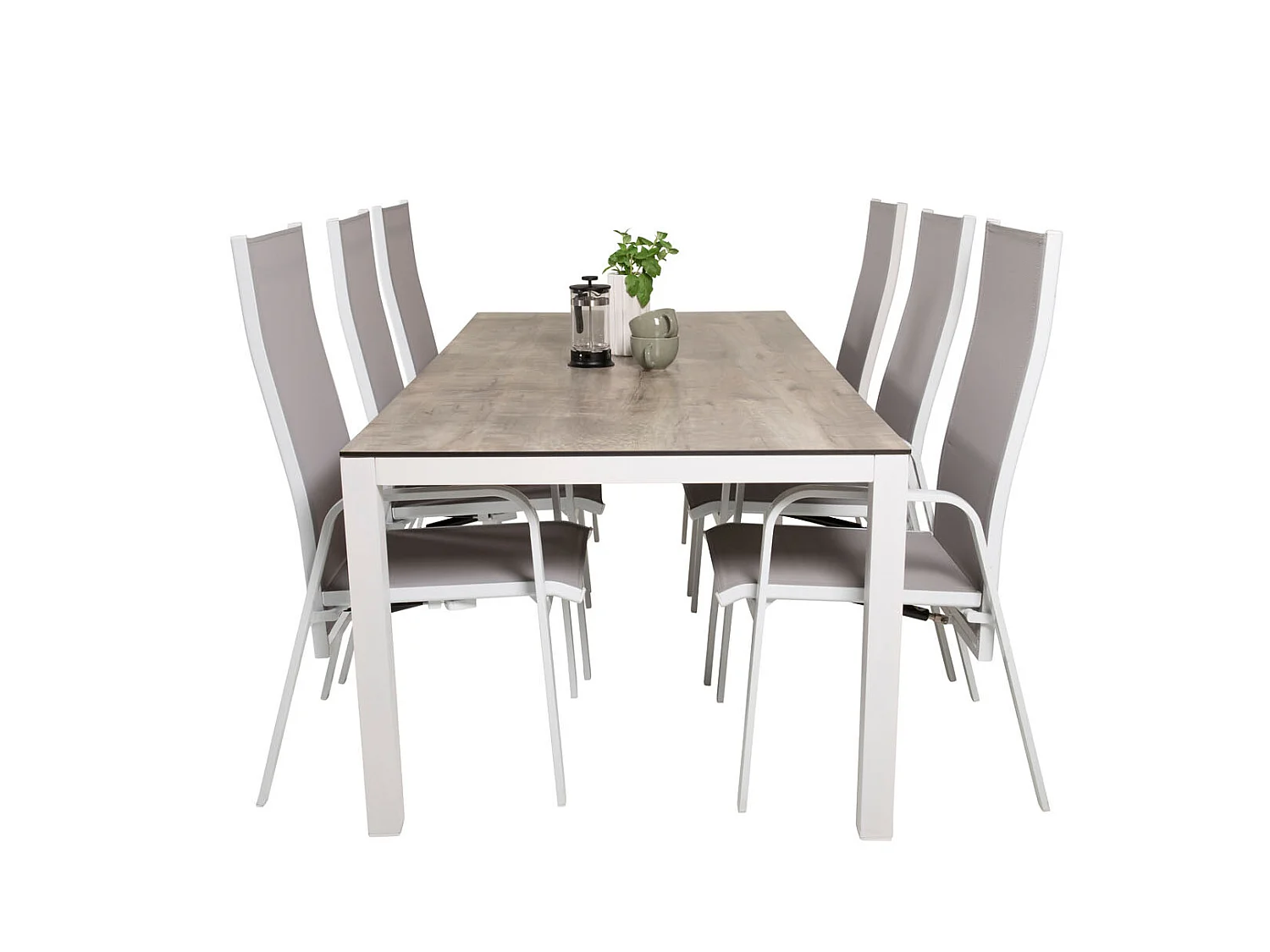 Llama Ensemble table et chaises de jardin, table 100x205cm et 6 chaises Copacabana, blanc, gris, crème.