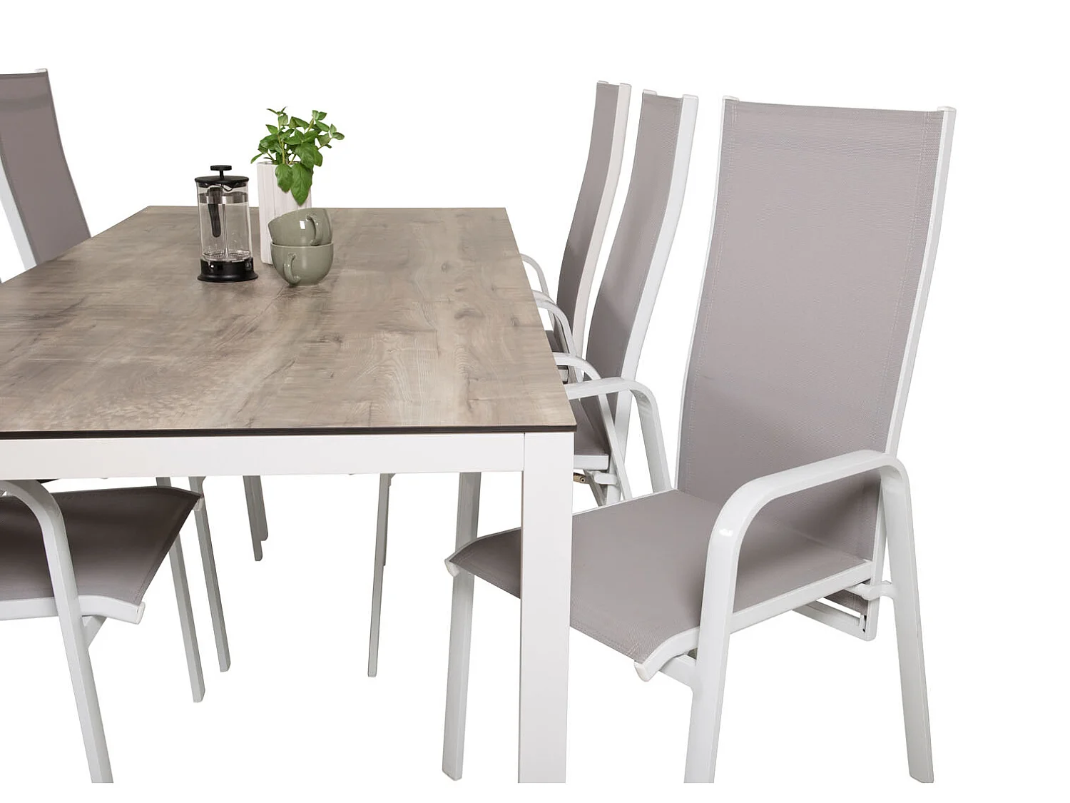 Llama Ensemble table et chaises de jardin, table 100x205cm et 6 chaises Copacabana, blanc, gris, crème.