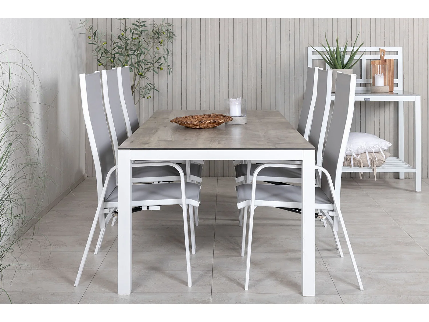 Llama Ensemble table et chaises de jardin, table 100x205cm et 6 chaises Copacabana, blanc, gris, crème.