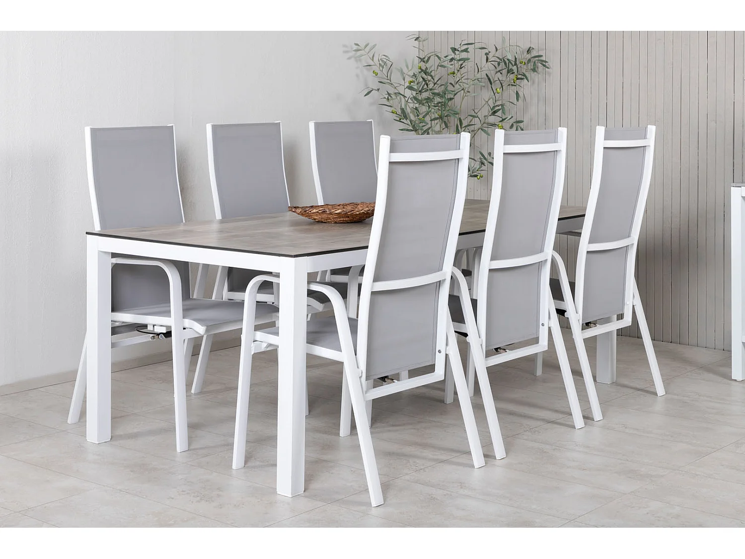 Llama Ensemble table et chaises de jardin, table 100x205cm et 6 chaises Copacabana, blanc, gris, crème.