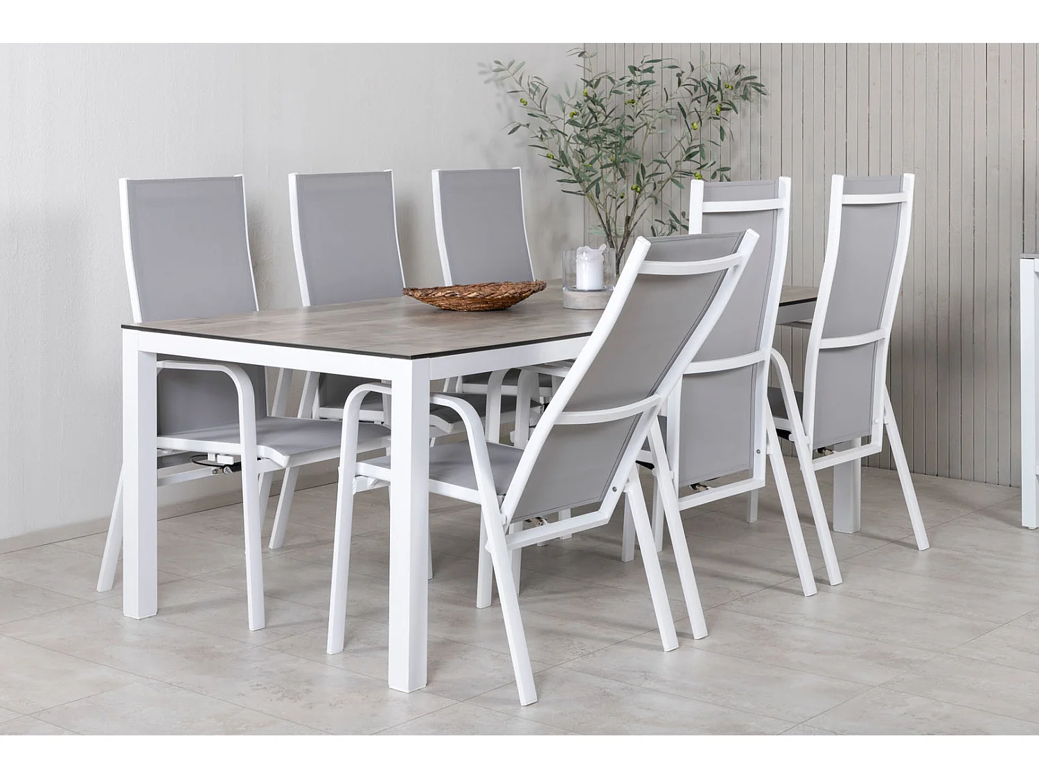 Llama Ensemble table et chaises de jardin, table 100x205cm et 6 chaises Copacabana, blanc, gris, crème.