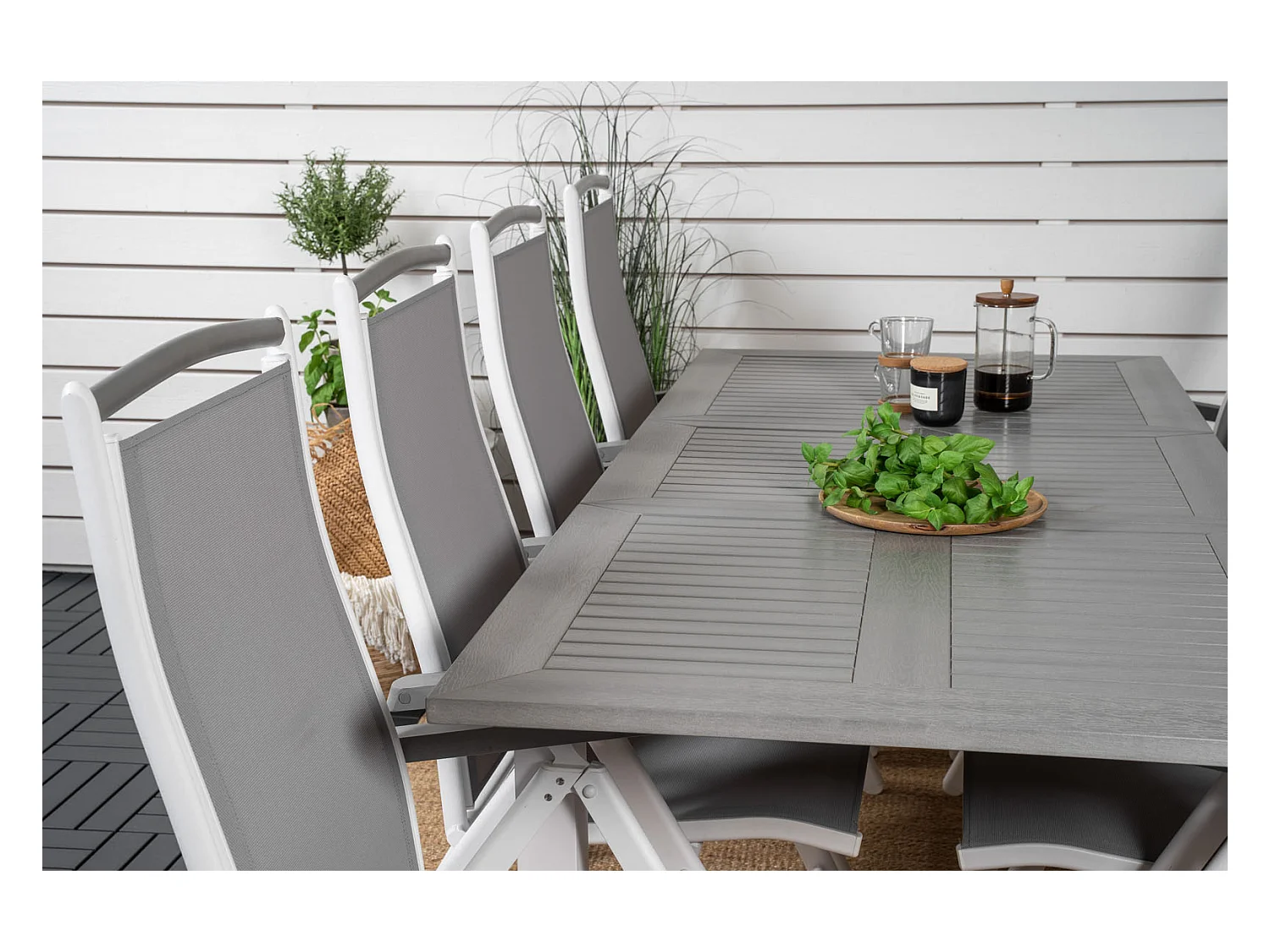 Albany Ensemble table et chaises de jardin, table 90x160/240cm et 8 chaises 5pos Albany, blanc, gris.