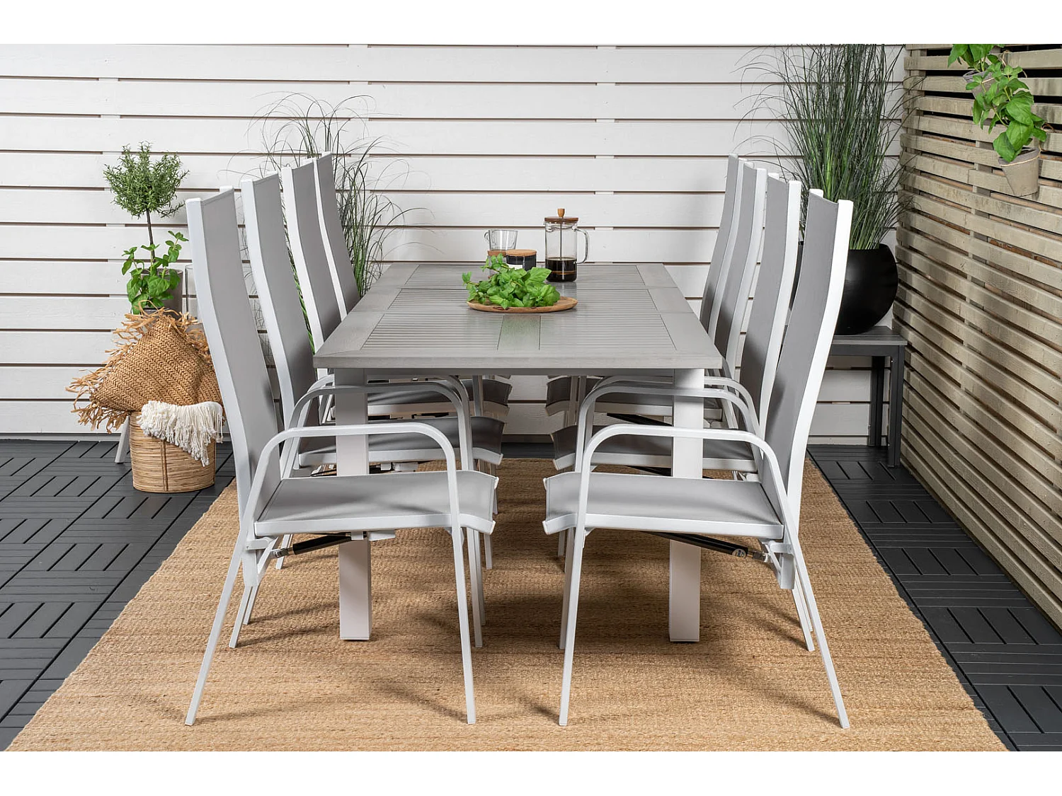 Albany Ensemble table et chaises de jardin, table 90x160/240cm et 8 chaises Copacabana, blanc, gris.