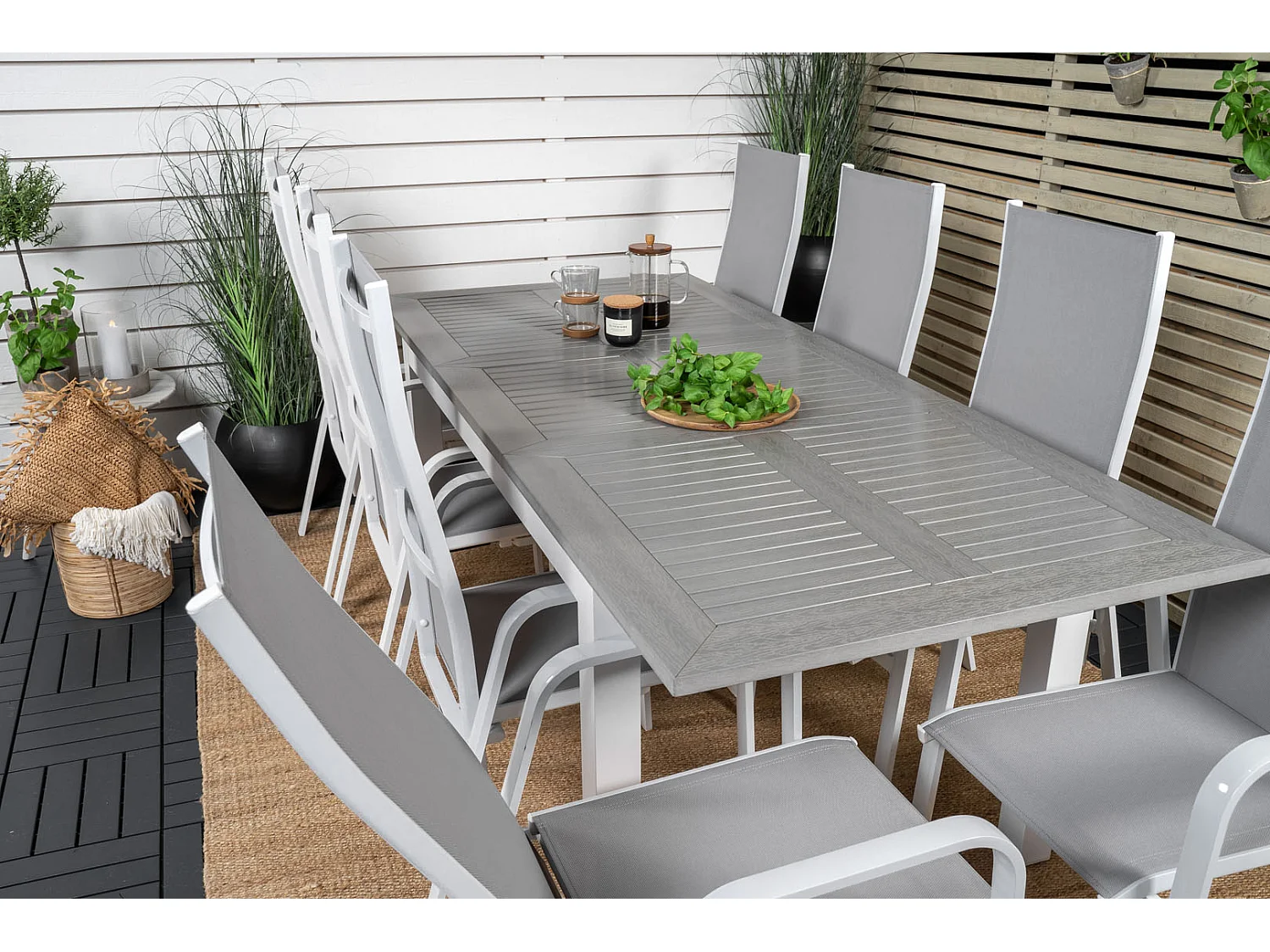 Albany Ensemble table et chaises de jardin, table 90x160/240cm et 8 chaises Copacabana, blanc, gris.