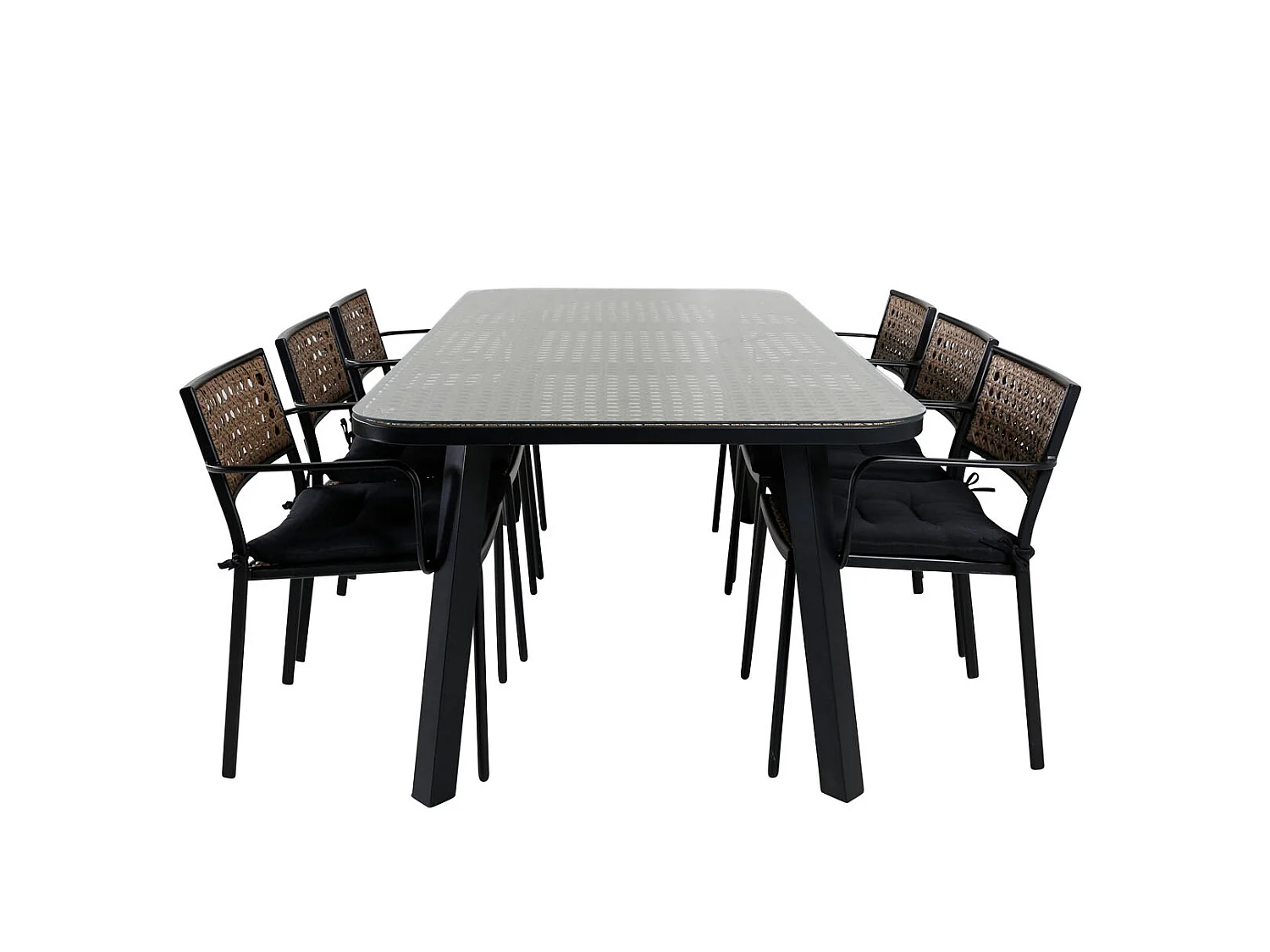 Paola Ensemble table et chaises de jardin, table 100x200cm et 6 chaises Paola, noir, naturel.