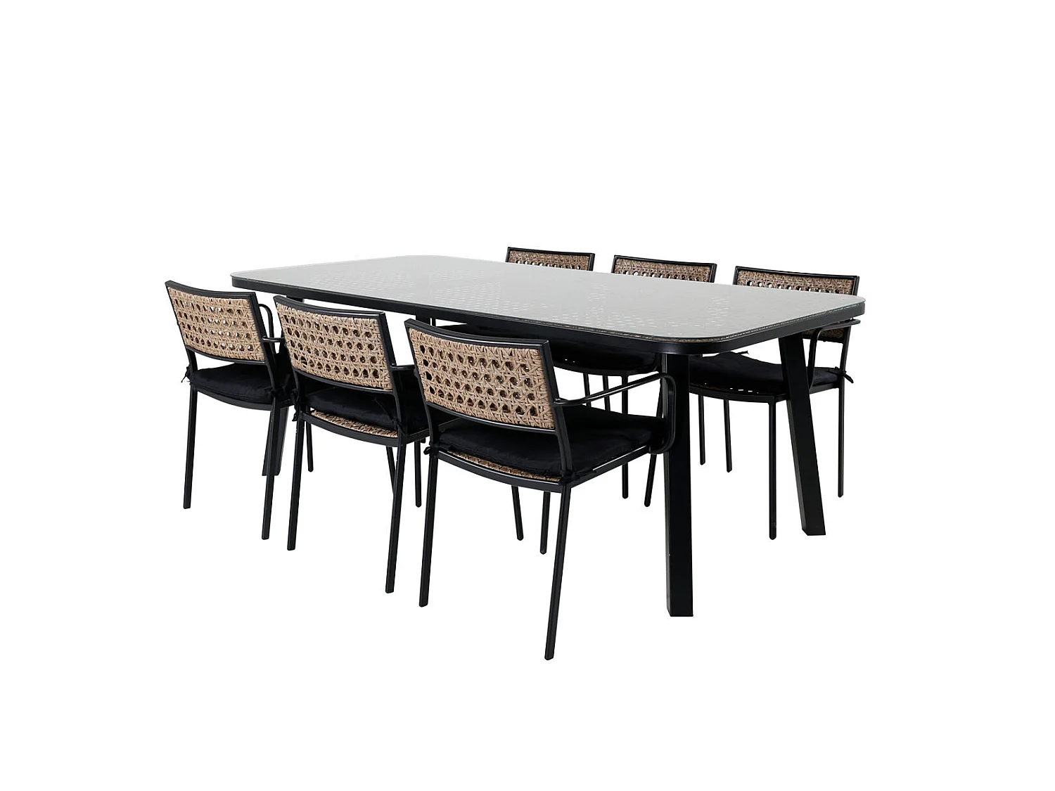 Paola Ensemble table et chaises de jardin, table 100x200cm et 6 chaises Paola, noir, naturel.