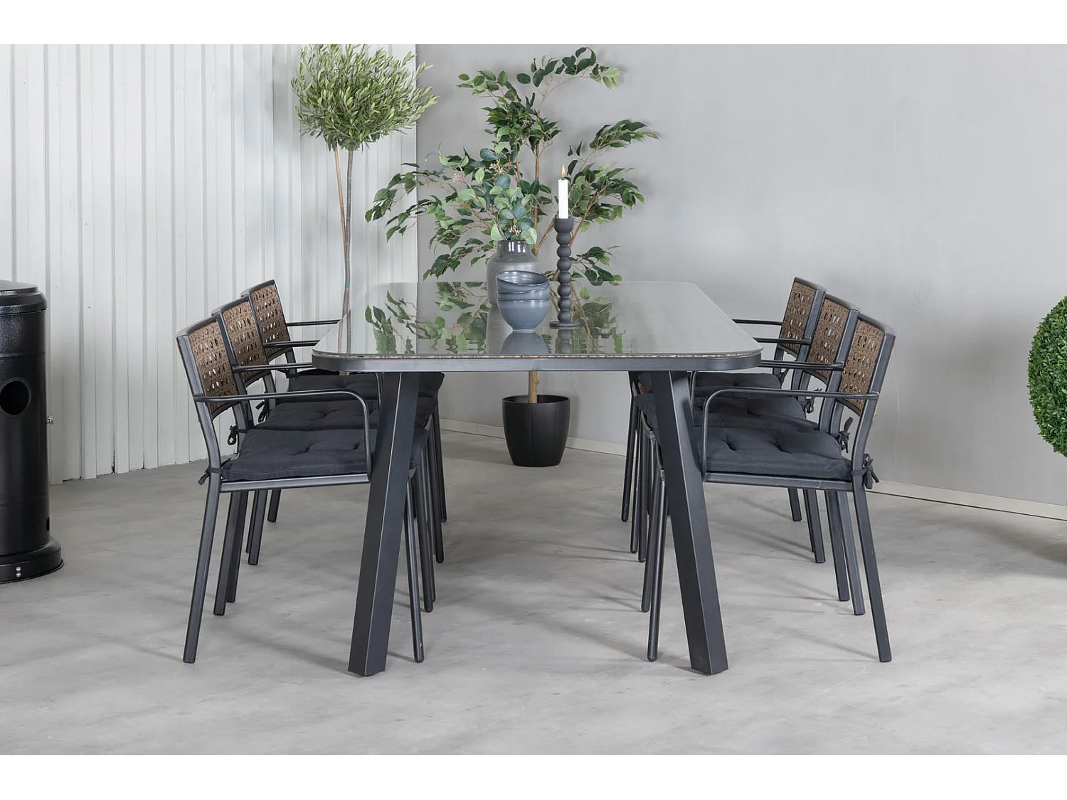 Paola Ensemble table et chaises de jardin, table 100x200cm et 6 chaises Paola, noir, naturel.
