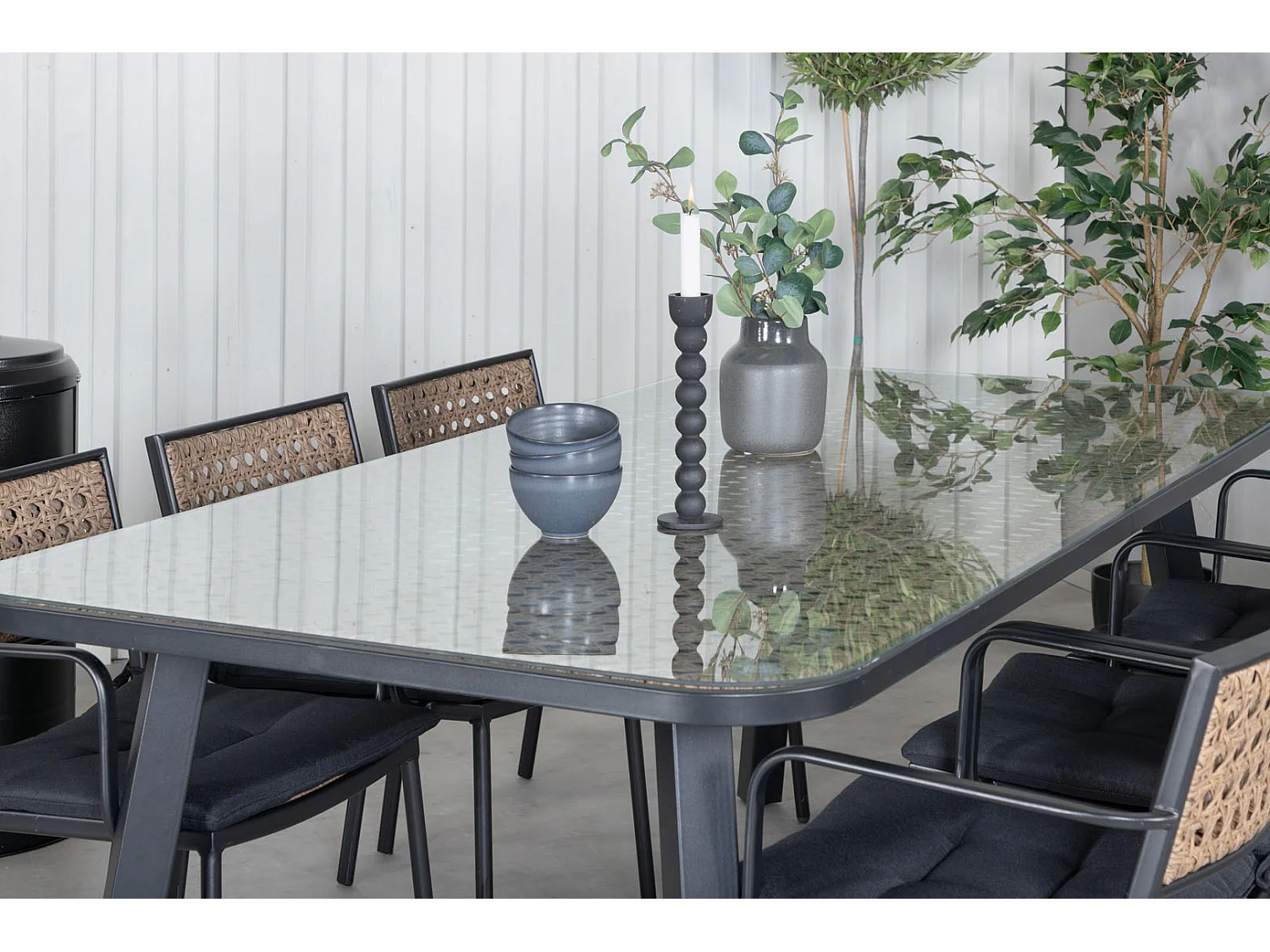 Paola Ensemble table et chaises de jardin, table 100x200cm et 6 chaises Paola, noir, naturel.