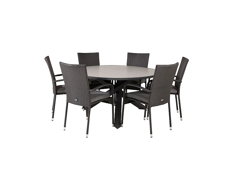 Parma Gartenset Tisch Ø140cm und 6 Stühle Anna schwarz, grau.