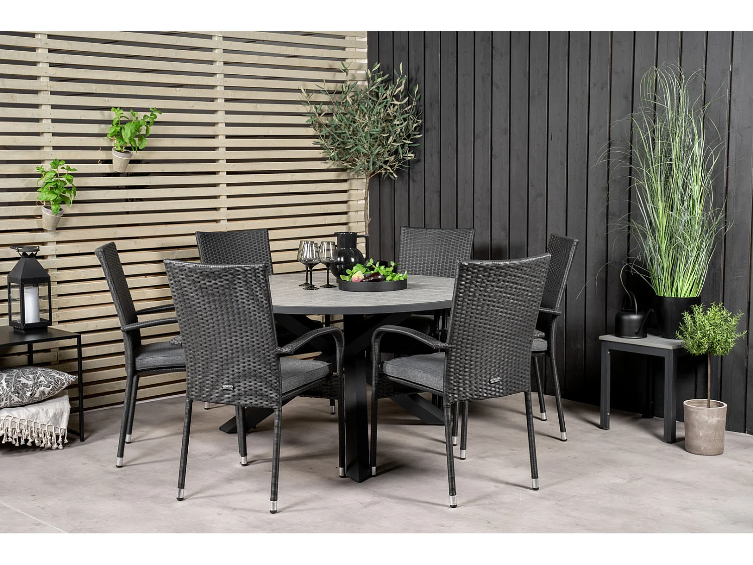 Parma Gartenset Tisch Ø140cm und 6 Stühle Anna schwarz, grau.