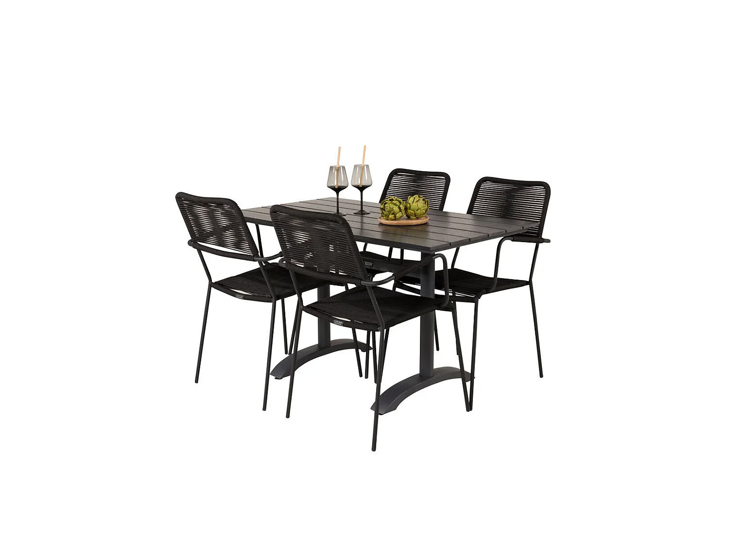 Denver Ensemble table et chaises de jardin, table 70x120cm et 4 chaises Lindos avec accoudoirs, noir.