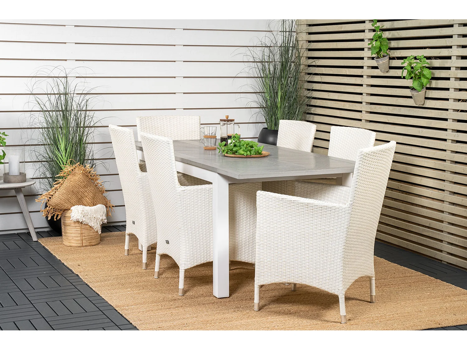Albany Ensemble table et chaises de jardin, table 90x160/240cm et 6 chaises Malin, blanc, gris.